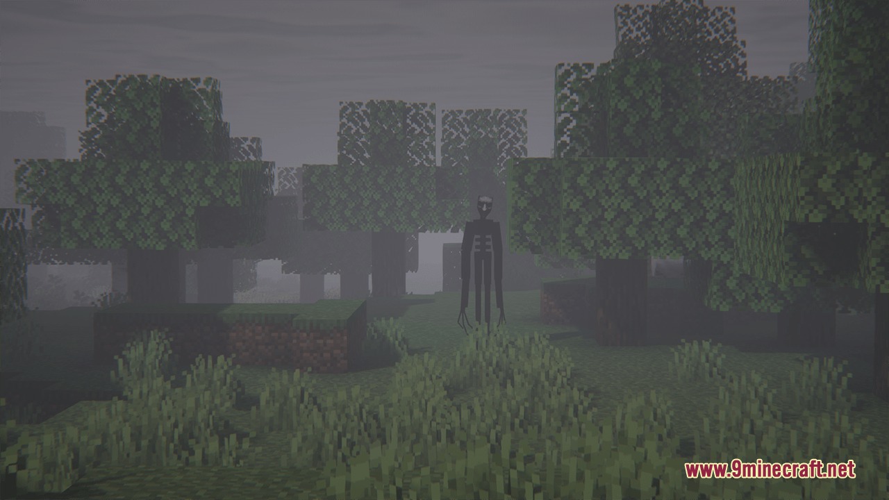 A tall thin stalker creature watches from a distance in a foggy forest