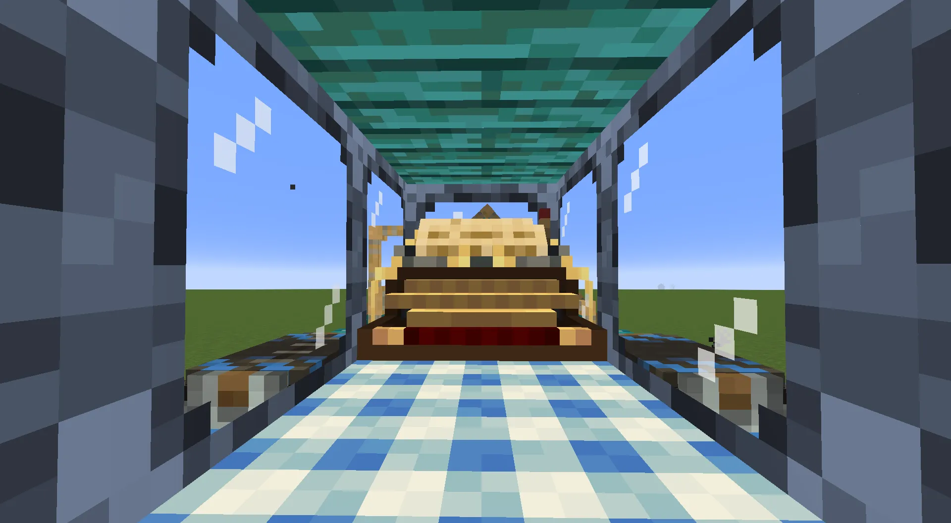 The Horizon Mk2 Schematic Screenshots 2 Looking through a narrow corridor with a blue and white checkered floor