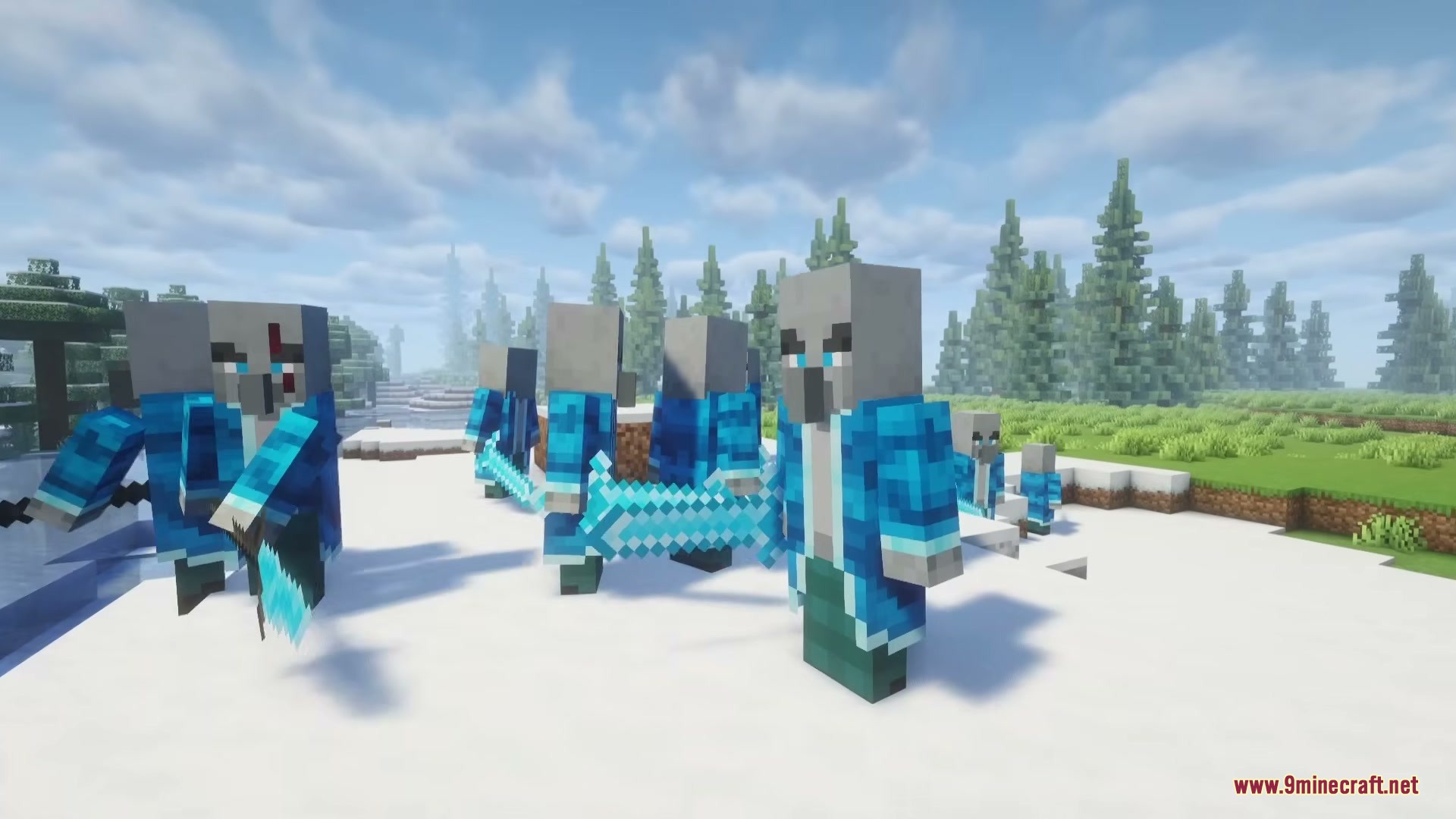 The Ice of Death Mod Screenshot 1 A group of custom illagers wearing blue robes and holding ice swords