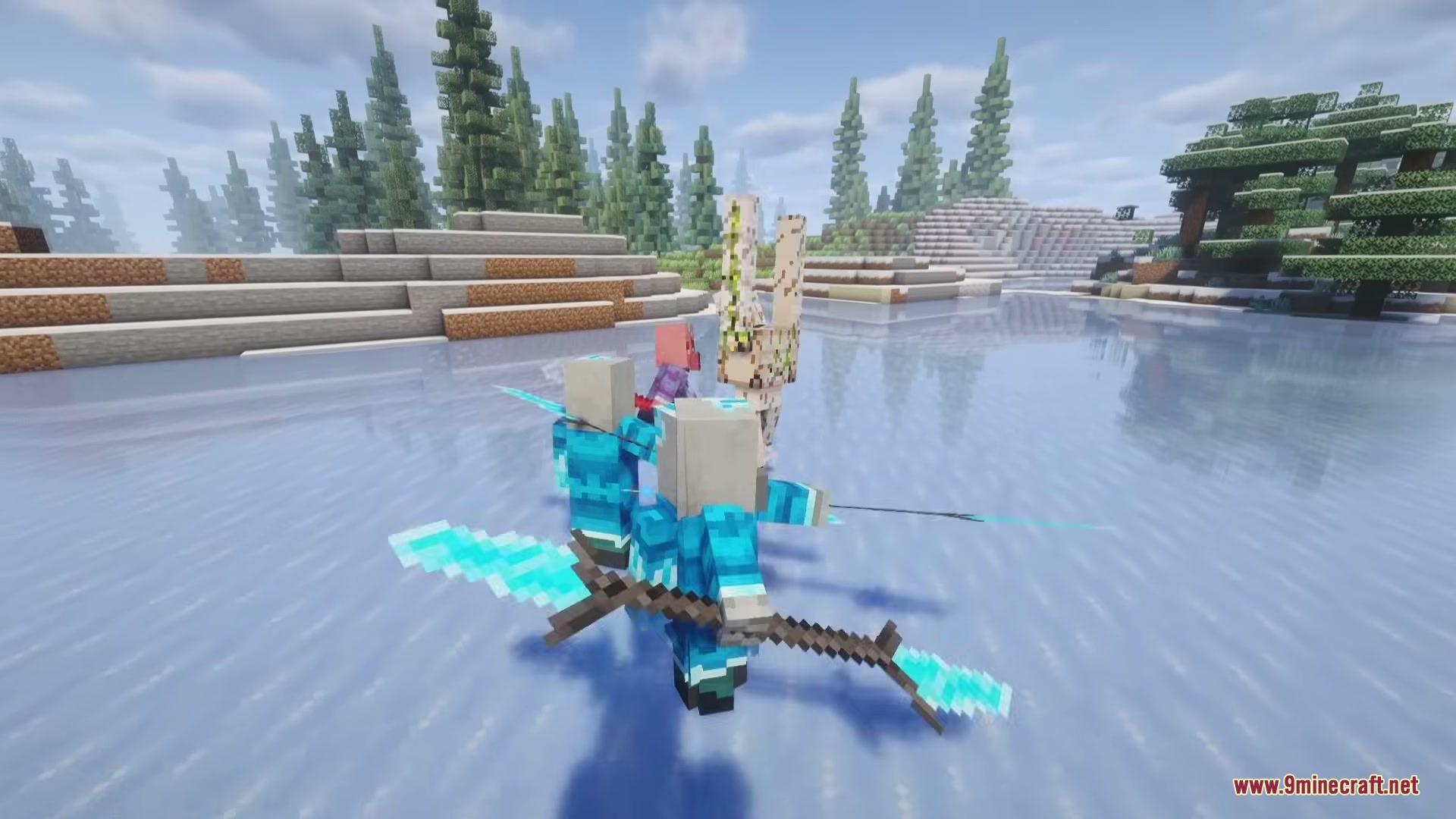 The Ice of Death Mod Screenshot 11 Custom illagers in blue outfits attack a golem on a frozen lake