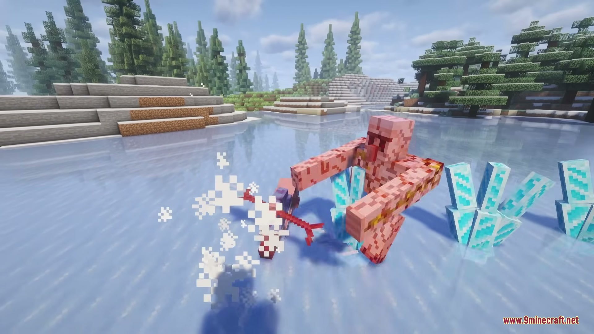 The Ice of Death Mod Screenshot 12 The Ice Golem boss battles enemies amidst ice crystals on a frozen river