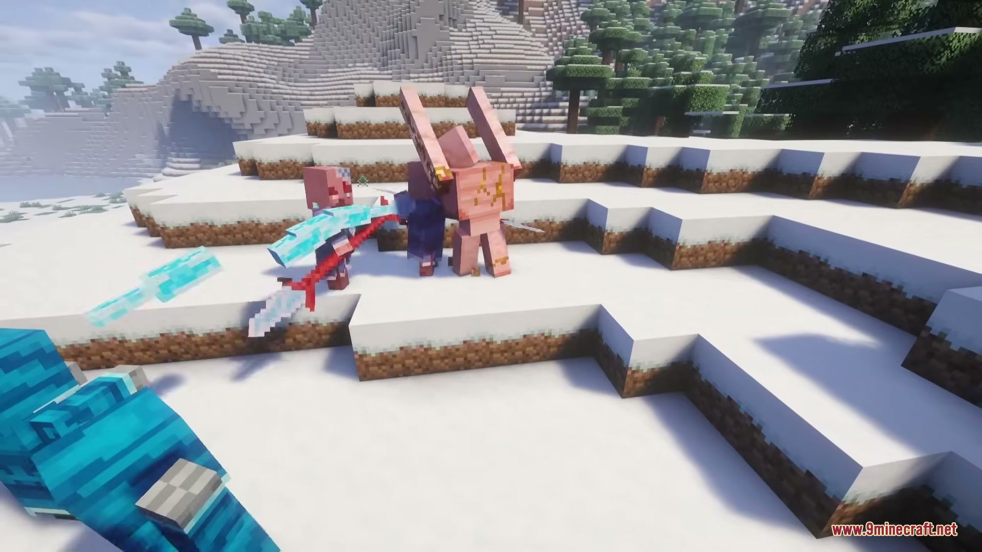 The Ice of Death Mod Screenshot 13 Red illagers attacking an Ice Golem with ice spears in a snowy biome