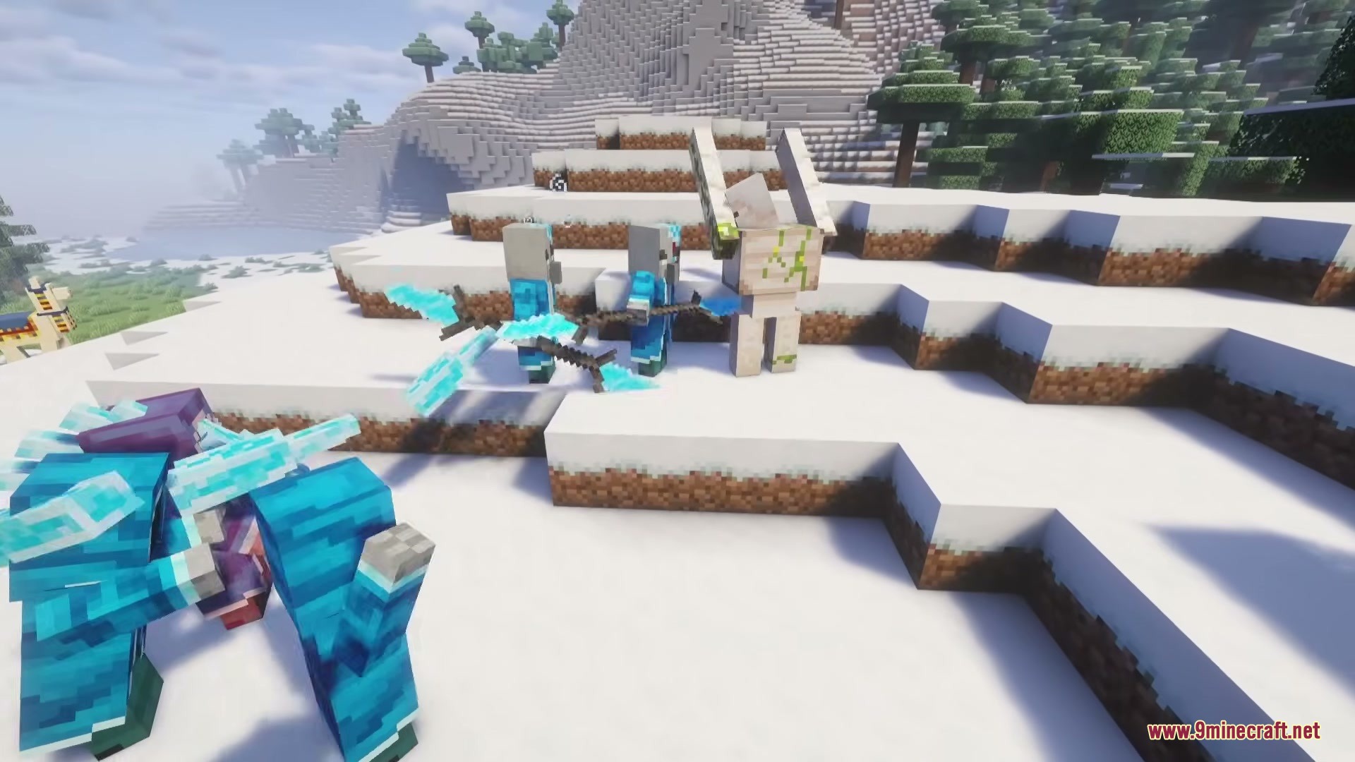 The Ice of Death Mod Screenshot 14 Blue illagers surrounding an Ice Golem with icy weapons in the snow