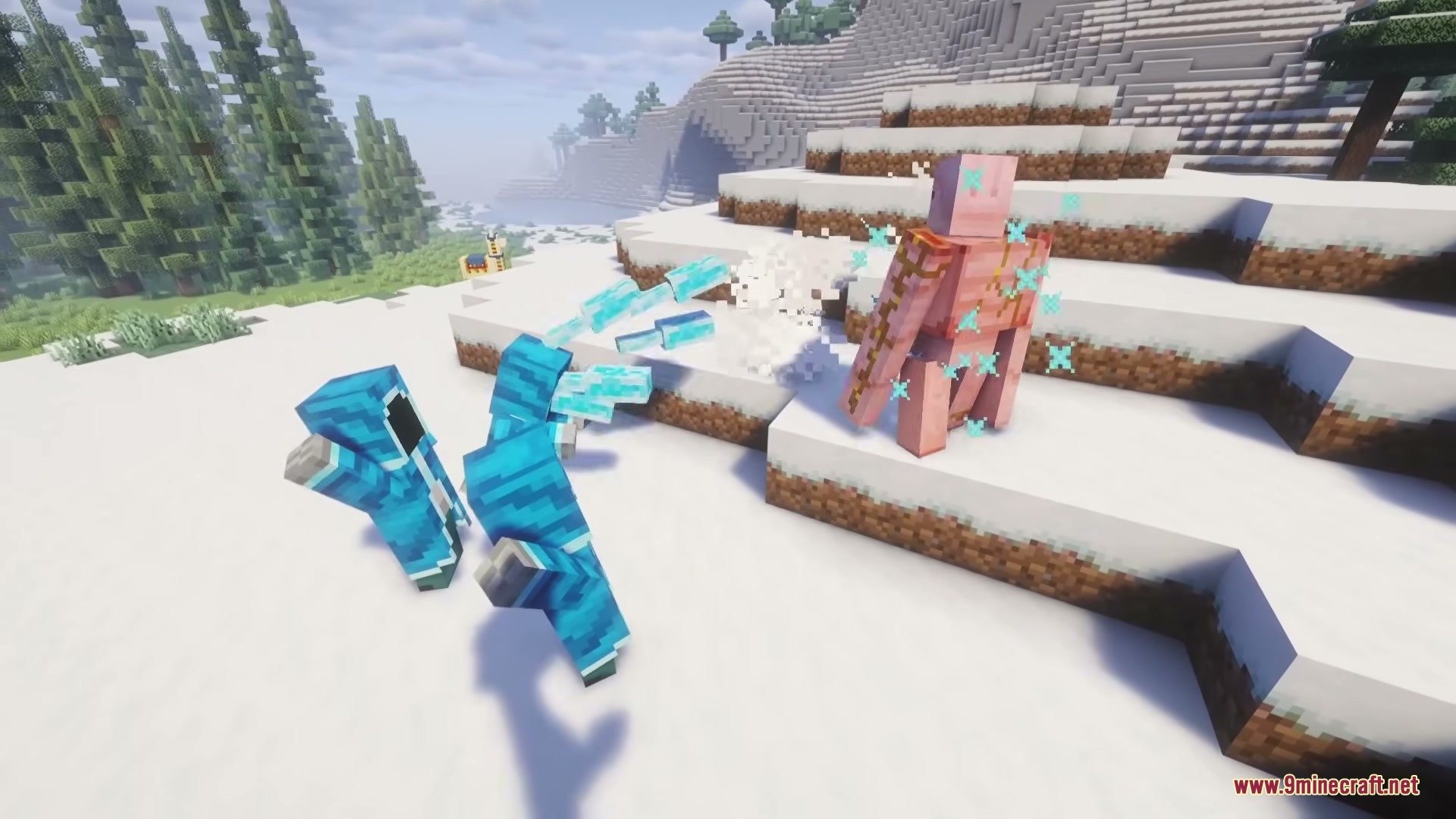 The Ice of Death Mod Screenshot 15 An ice illager launches frozen projectiles at a pink golem in the snow
