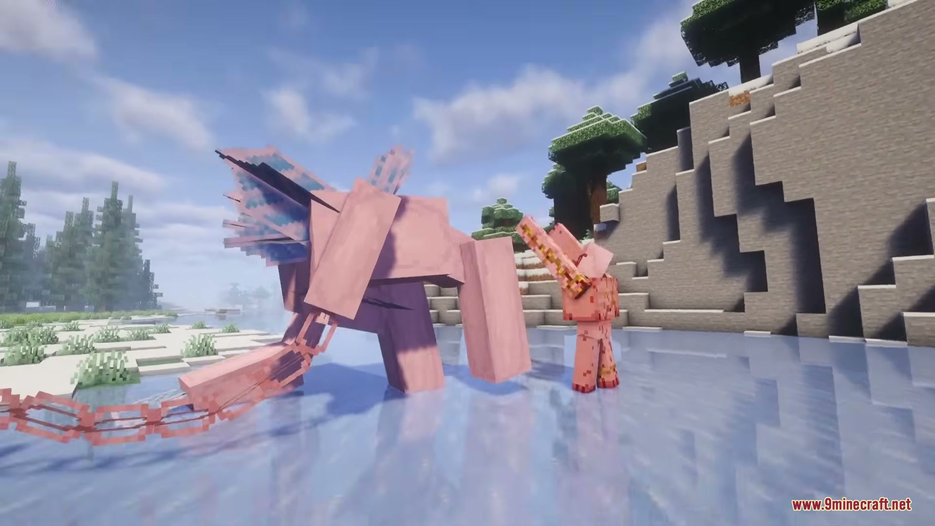 The Ice of Death Mod Screenshot 16 A giant pink boss mob with a chain tail stands in the water