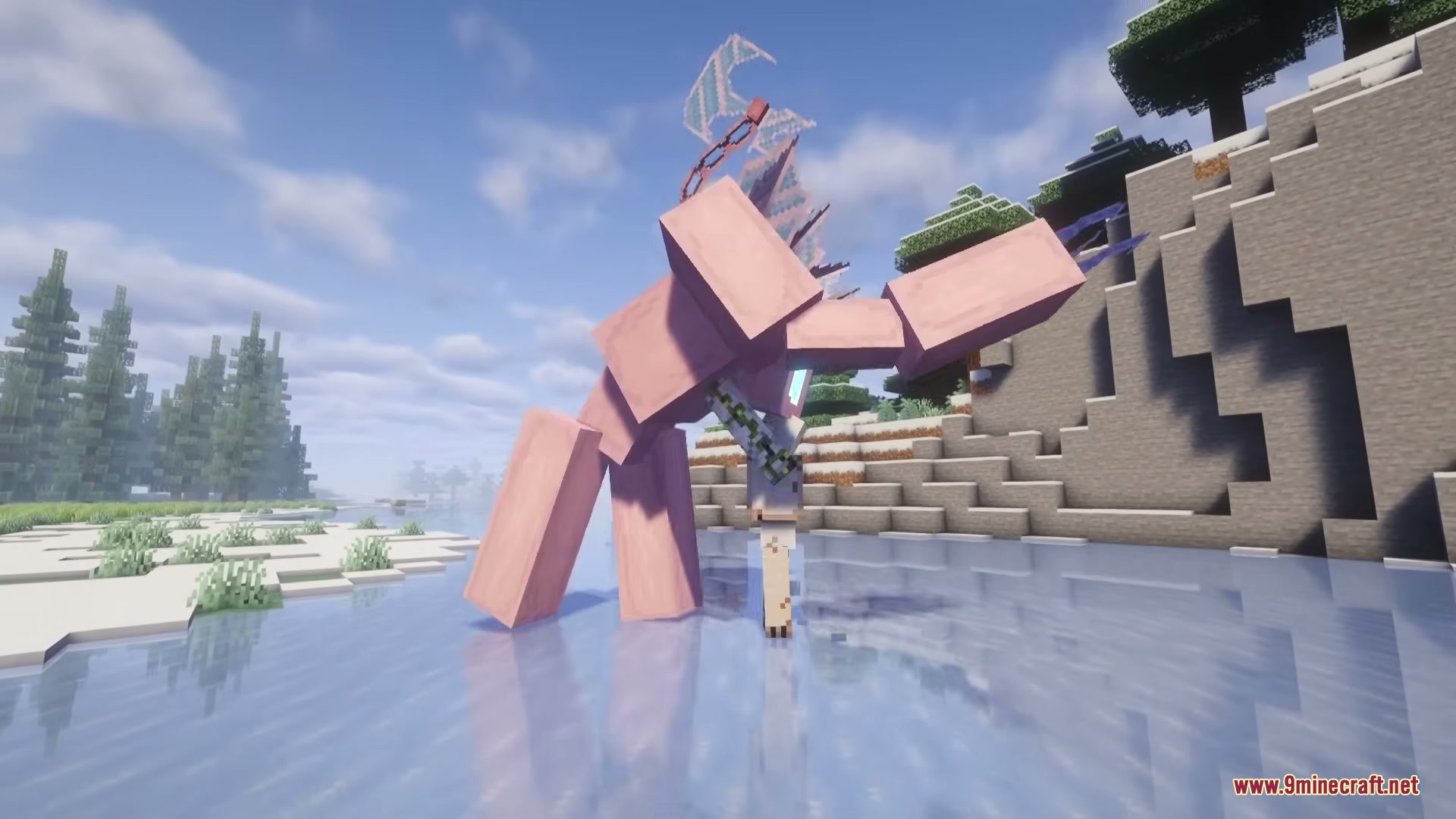 The Ice of Death Mod Screenshot 17 A giant pink boss mob looms over an iron golem in the snow
