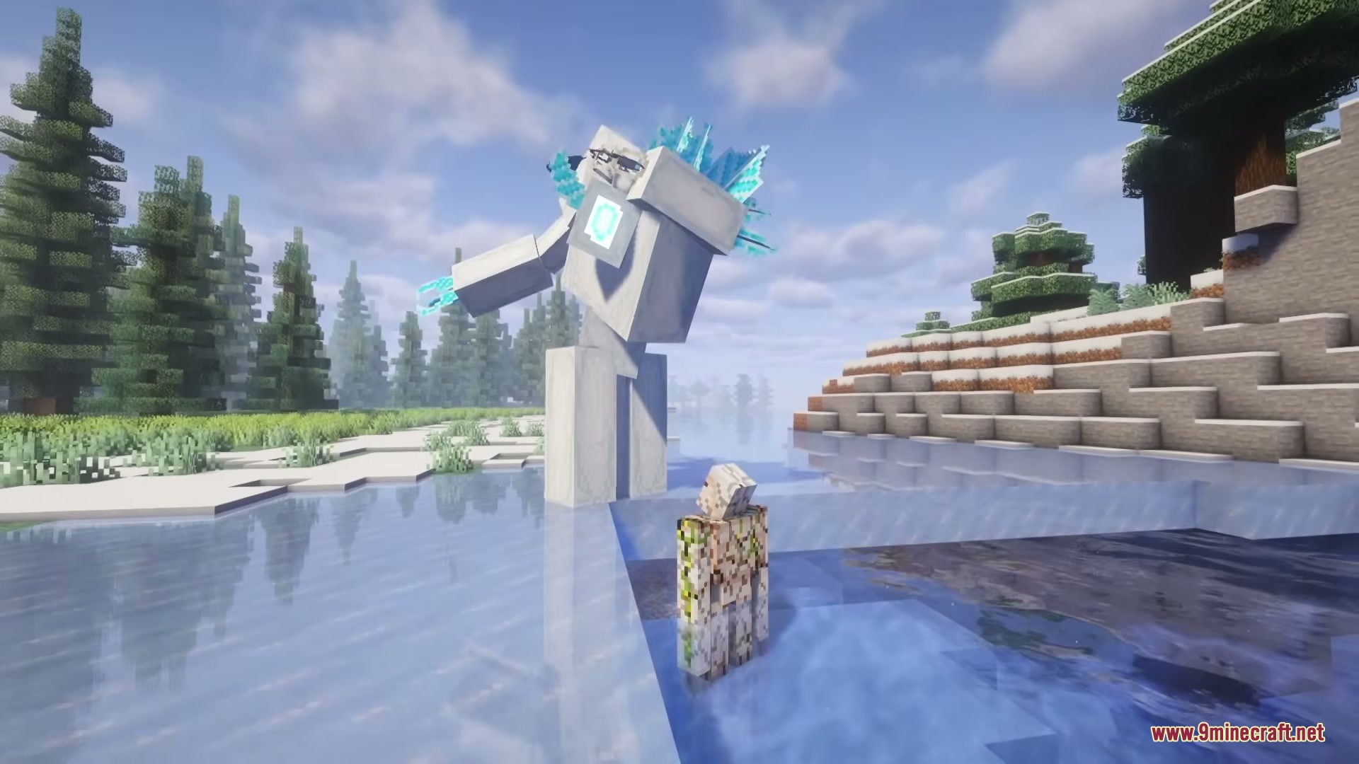 The Ice of Death Mod Screenshot 18 A massive ice golem with a glowing blue core stands in a river