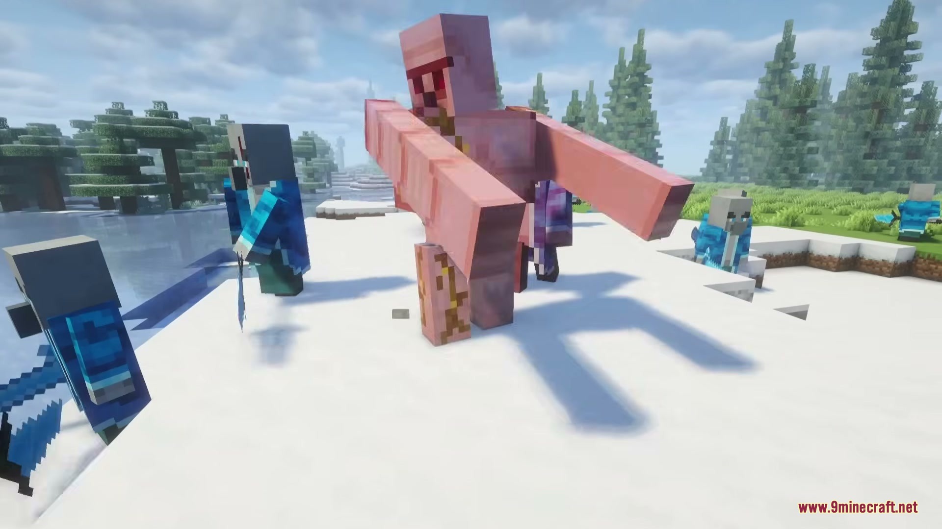 The Ice of Death Mod Screenshot 2 A large pink Ice Golem battles custom illagers in the snow