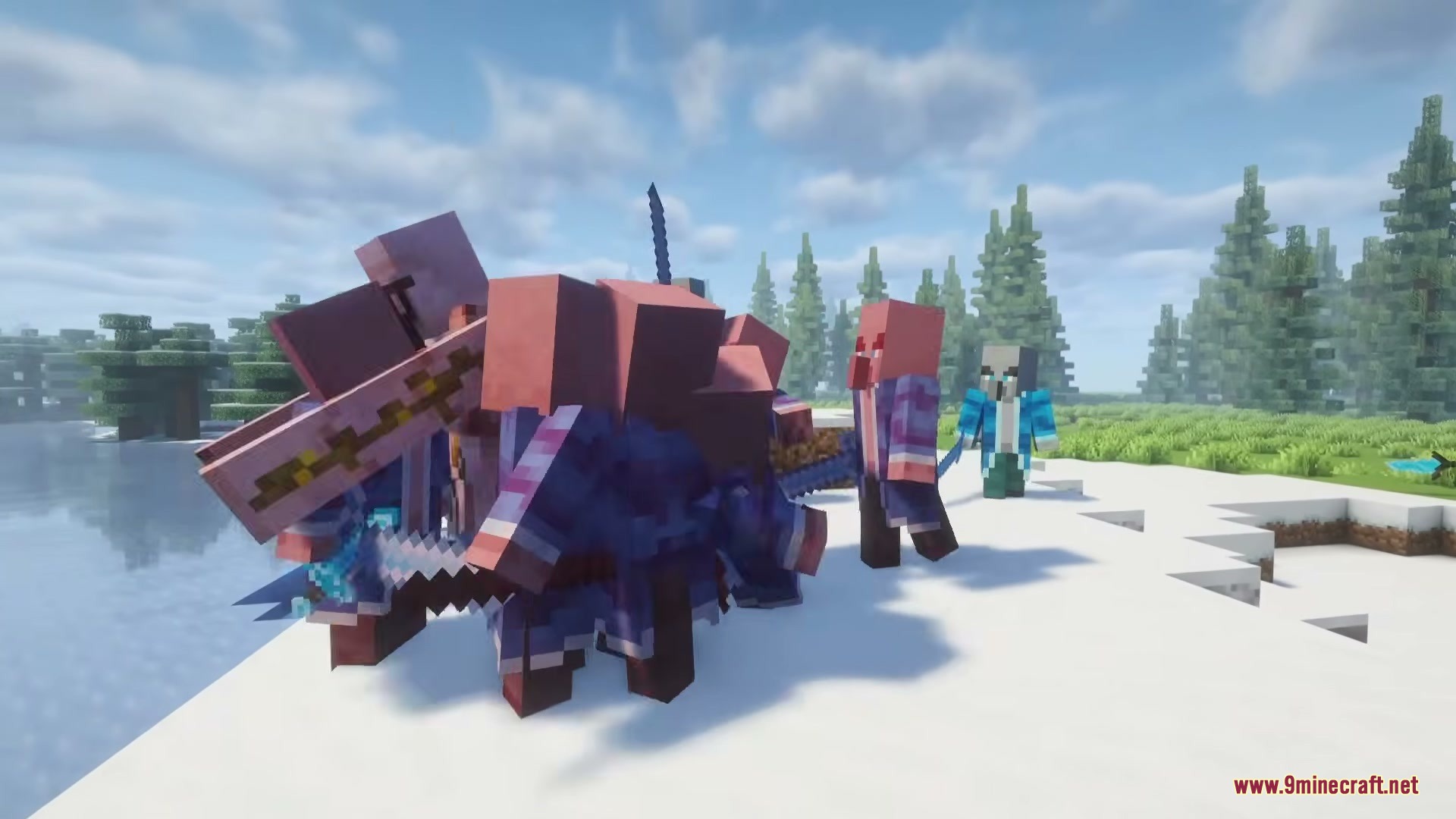 The Ice of Death Mod Screenshot 3 A group of pink headed illagers gathering together in a snowy biome