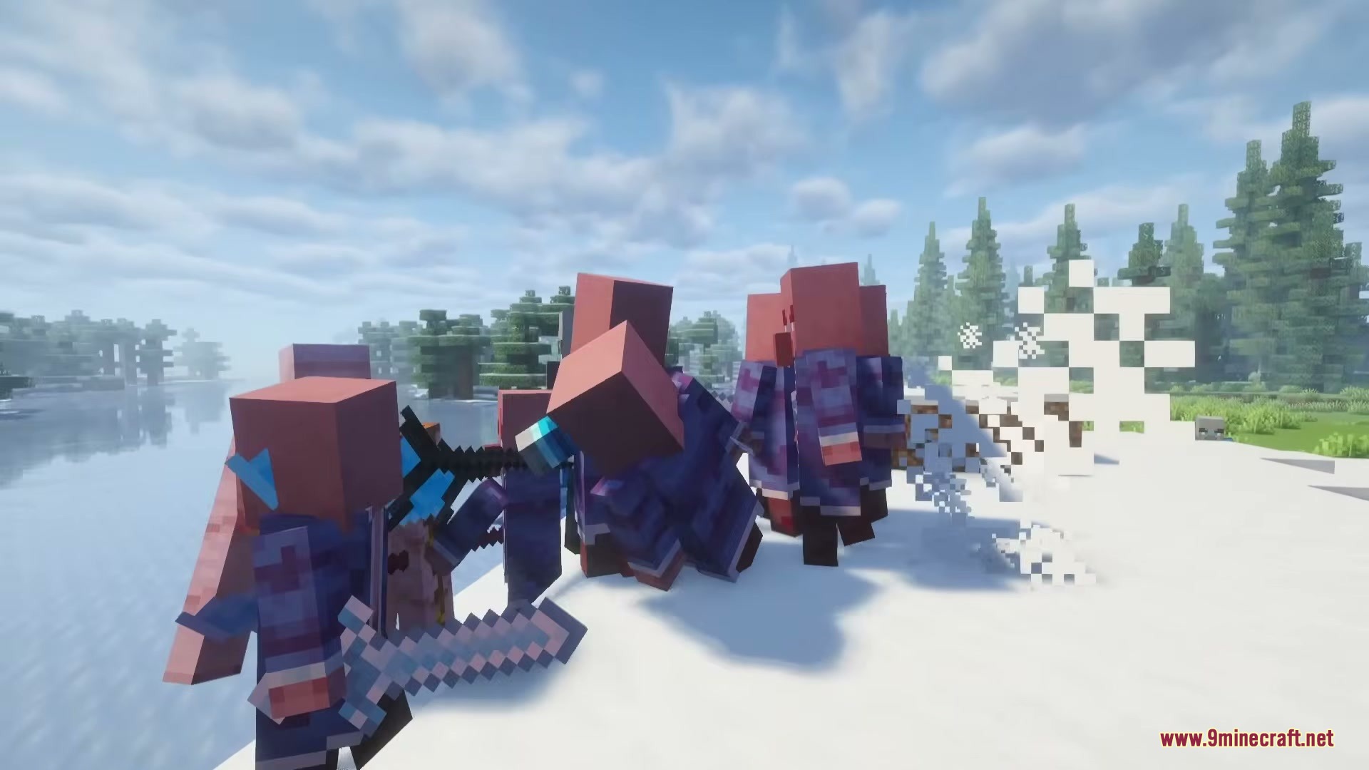 The Ice of Death Mod Screenshot 4 Custom illagers from the Ice of Death mod attacking in a snowy forest