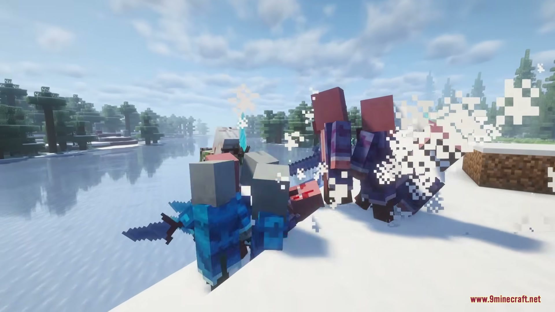 The Ice of Death Mod Screenshot 5 Ice themed illagers engage in battle within a snowy forest biome