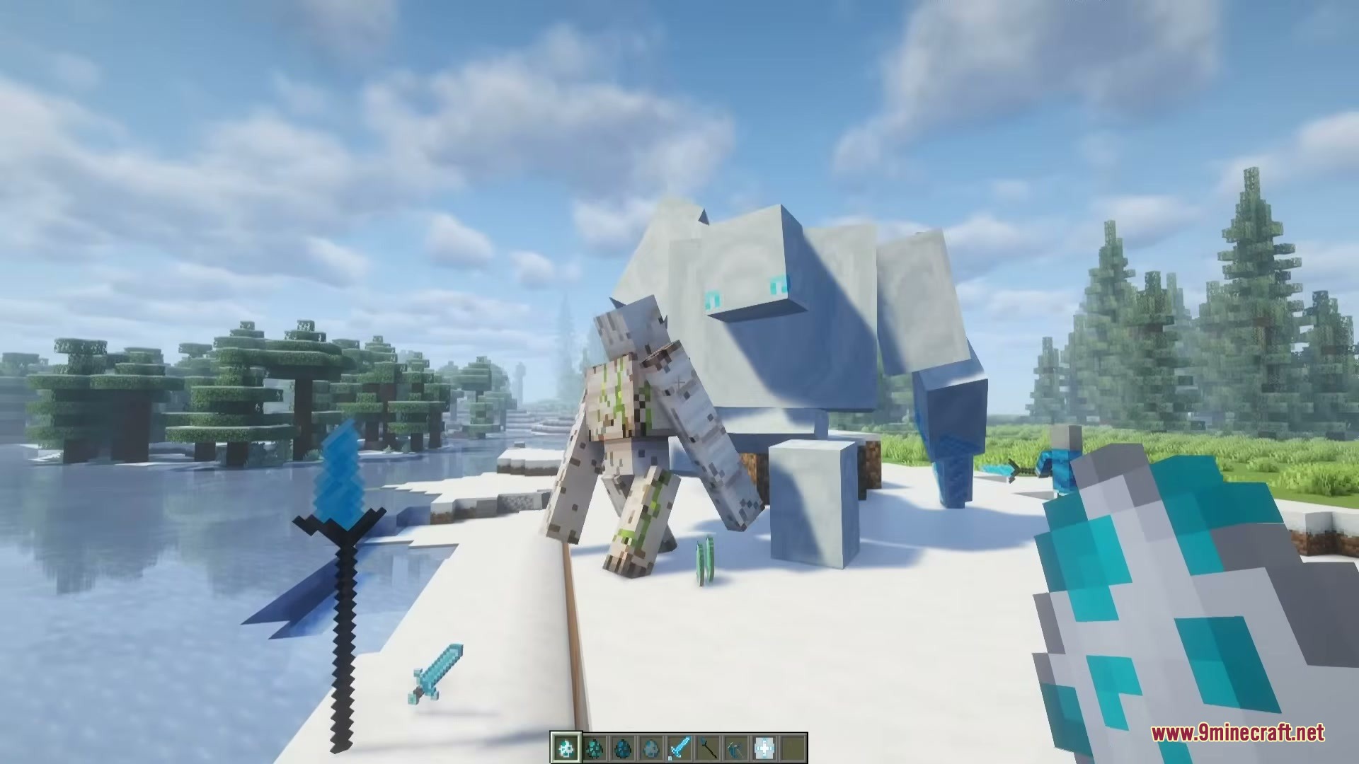 The Ice of Death Mod Screenshot 7 An Iron Golem prepares to fight a giant Ice Golem in the snow