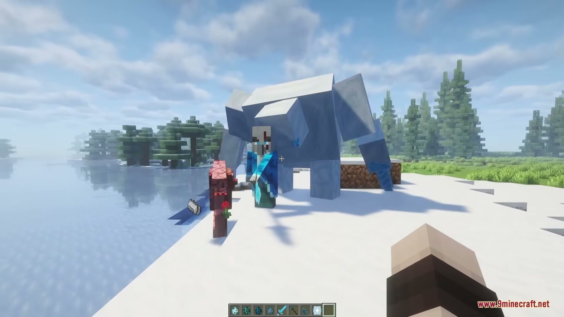 The Ice of Death Mod Screenshot 8 A custom illager stands next to a massive Ice Golem in the snow