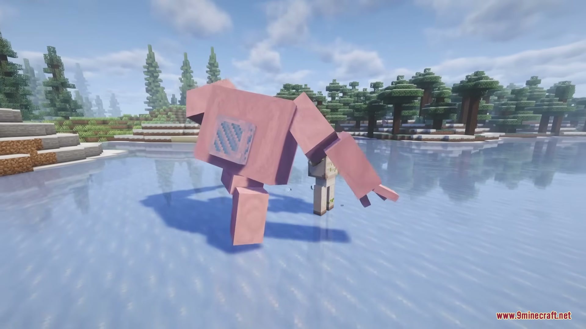 The Ice of Death Mod Screenshot 9 A massive pink golem towers over an iron golem on a frozen lake