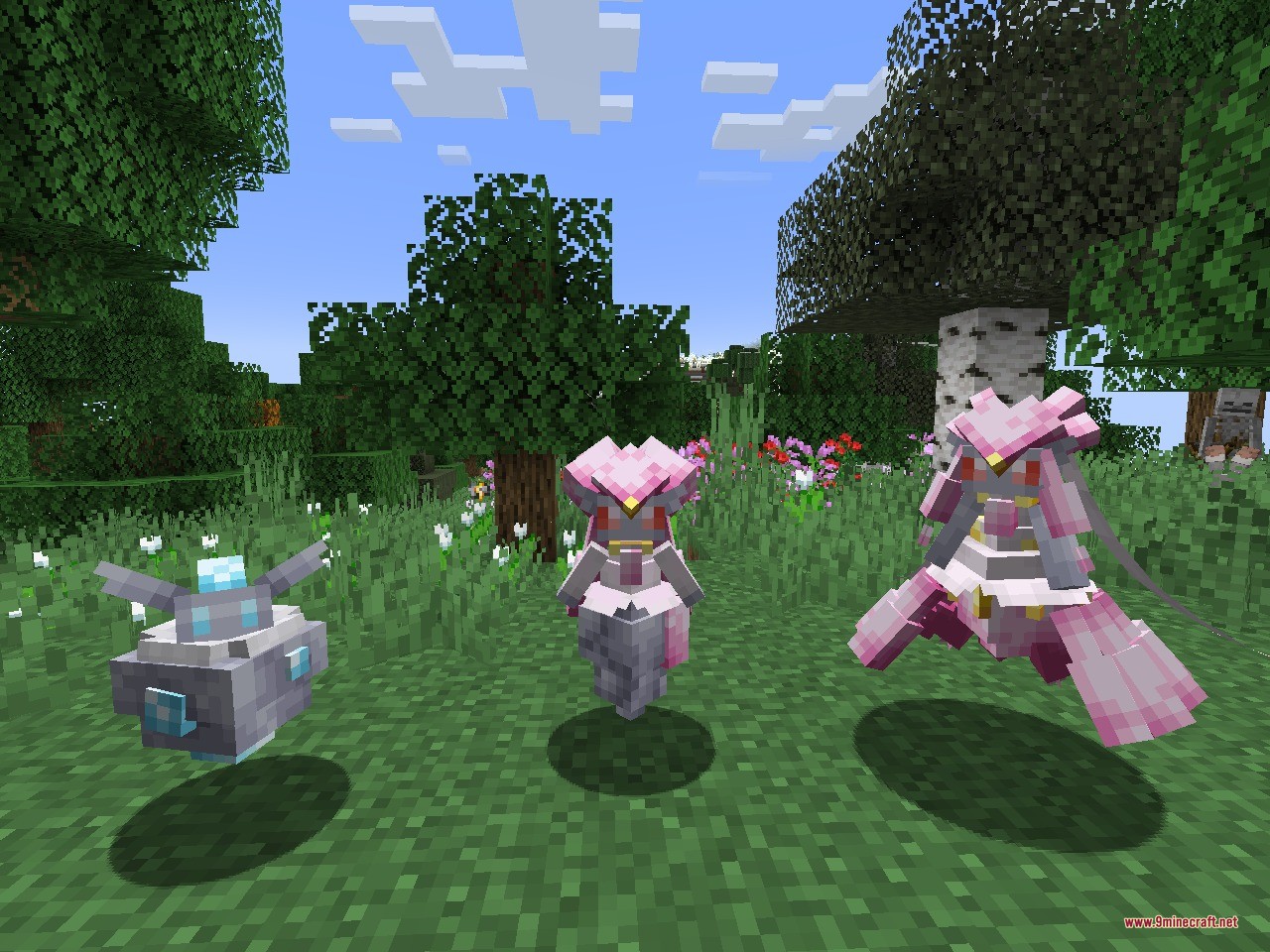 The Jewel Pokémon Data Pack Screenshot 2 Three custom jewel Pokemon models standing in a bright green forest biome