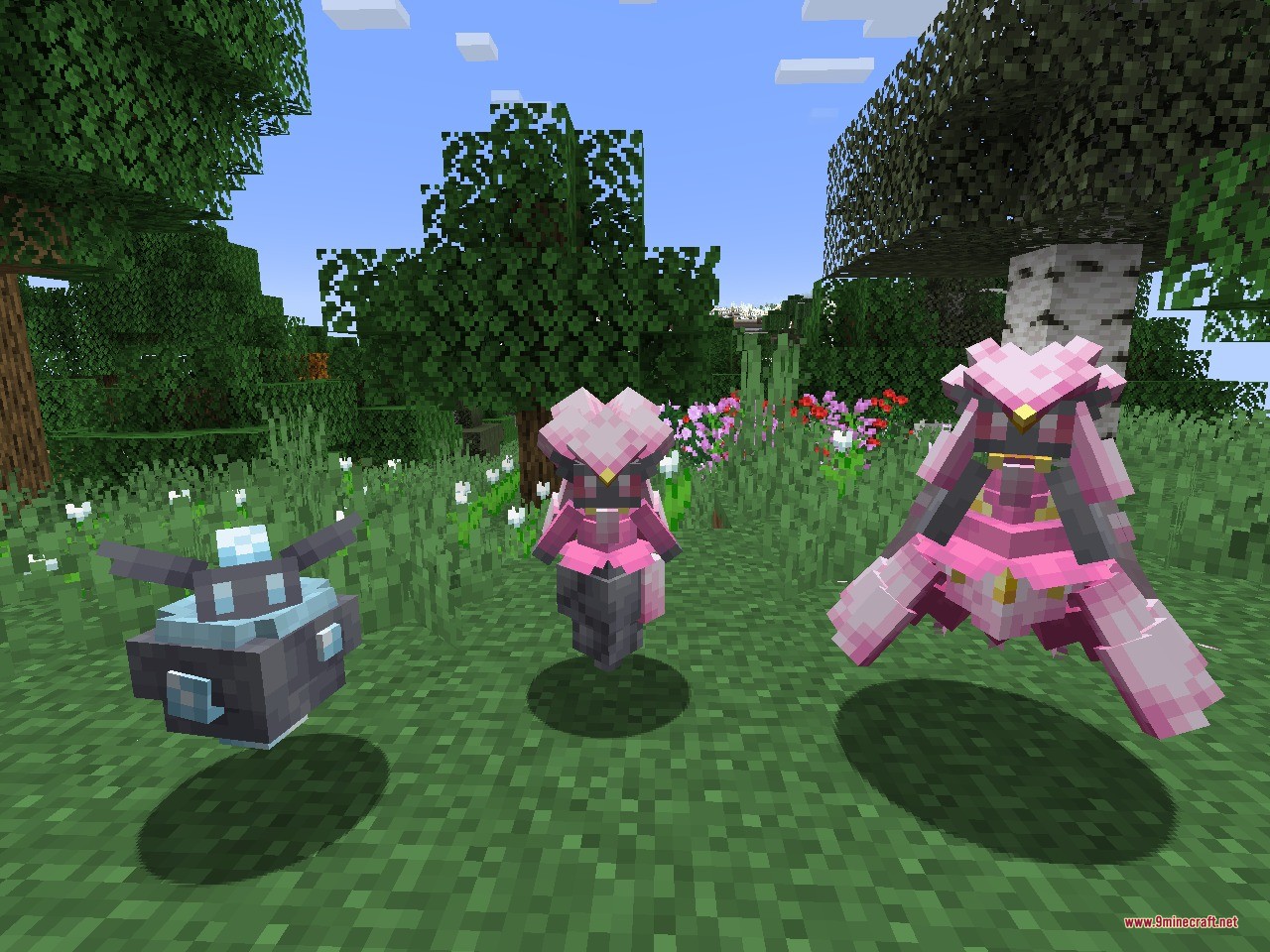 The Jewel Pokémon Data Pack Screenshot 3 Carbink Diancie and Mega Diancie models standing in a green Minecraft forest
