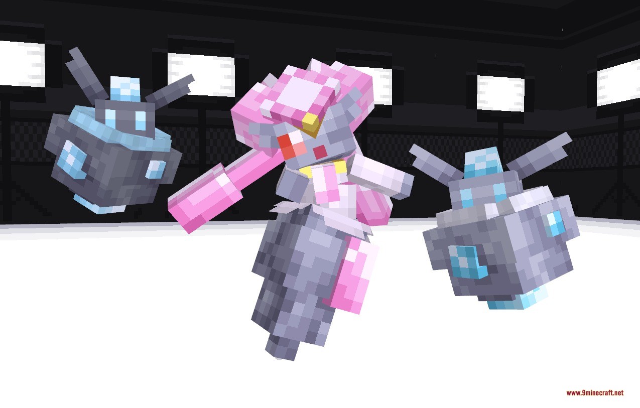 The Jewel Pokémon Data Pack Screenshot 9 Mega Diancie and two Carbink creatures posing together in a dark room