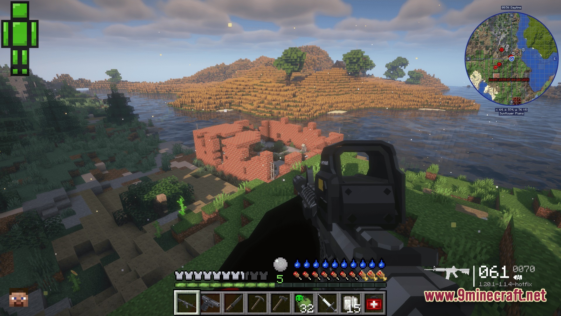 A first-person view of a player holding a firearm overlooking a ruined brick structure and river