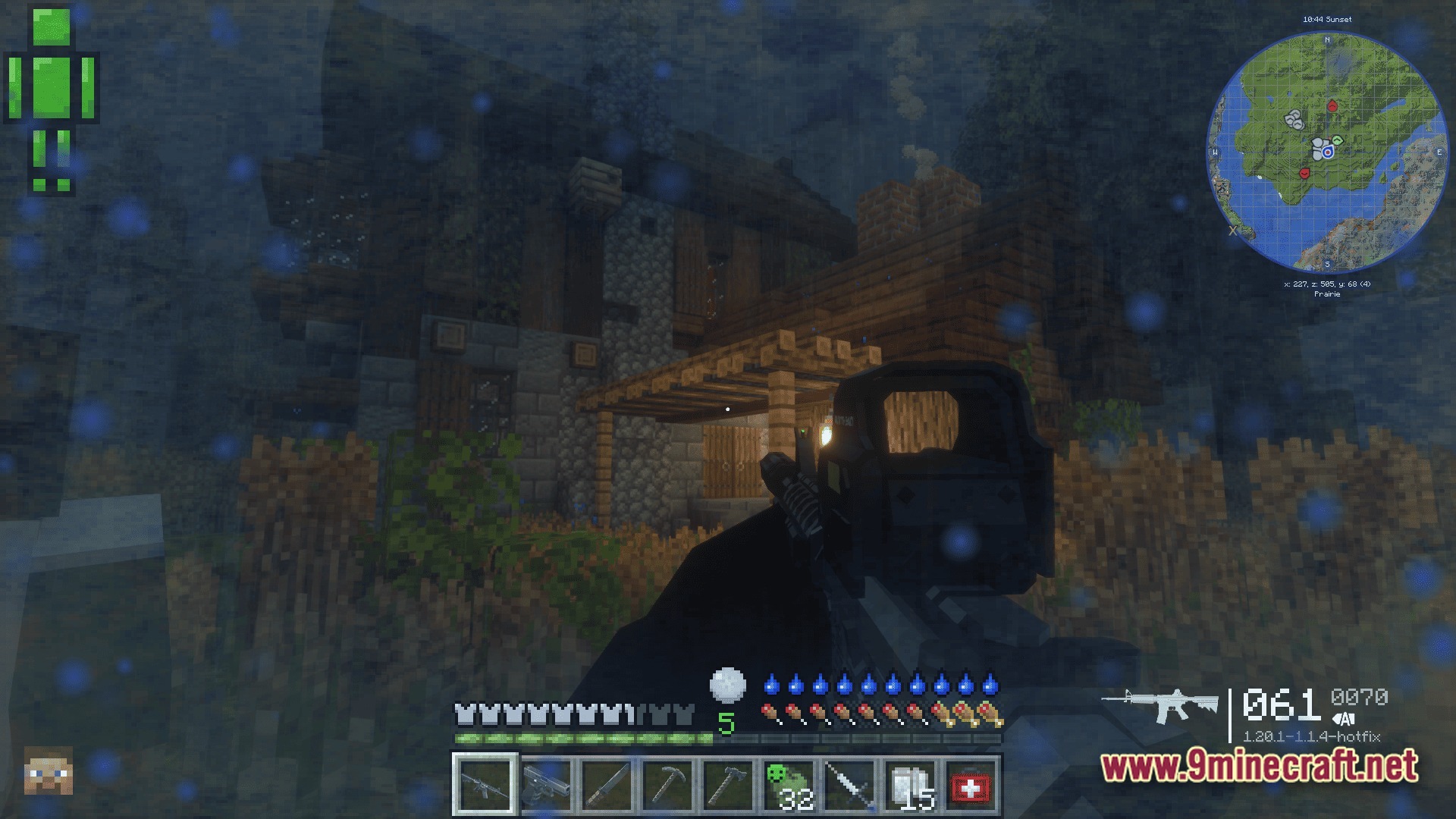 A player holds a firearm while approaching a wooden and stone house during a rainy night