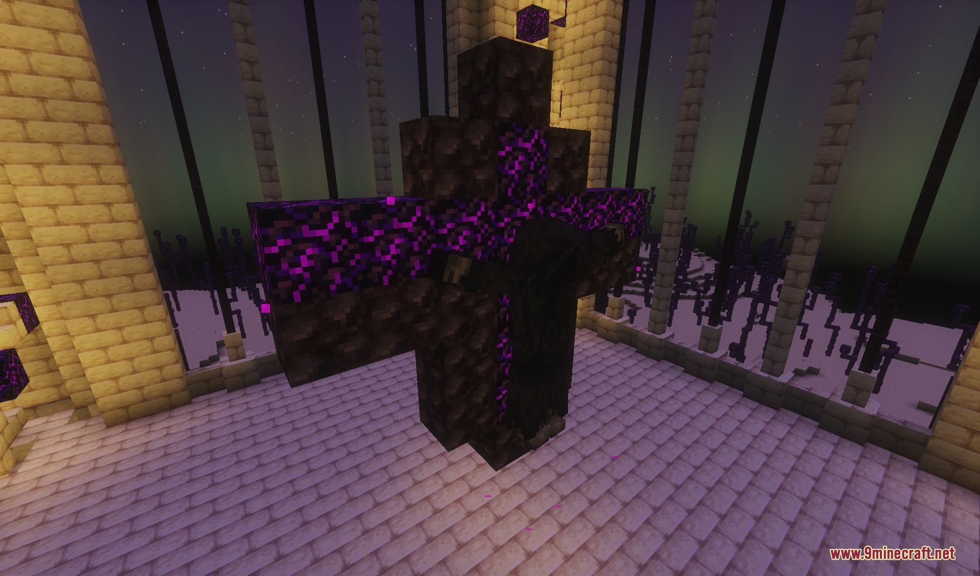 The Last Sword You Never Forgot Mod Screenshot 2 Large dark structure with purple glowing patterns inside an end stone building