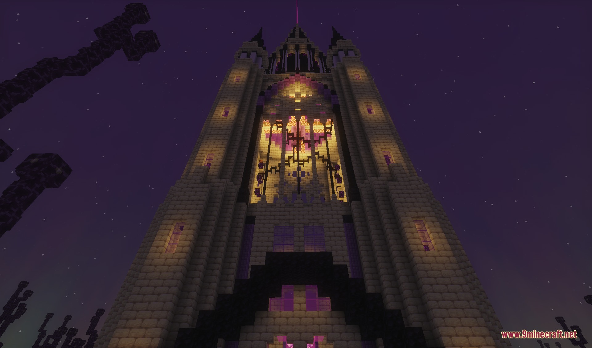 The Last Sword You Never Forgot Mod Screenshot 3 Large white stone tower with purple lighting located in the End dimension