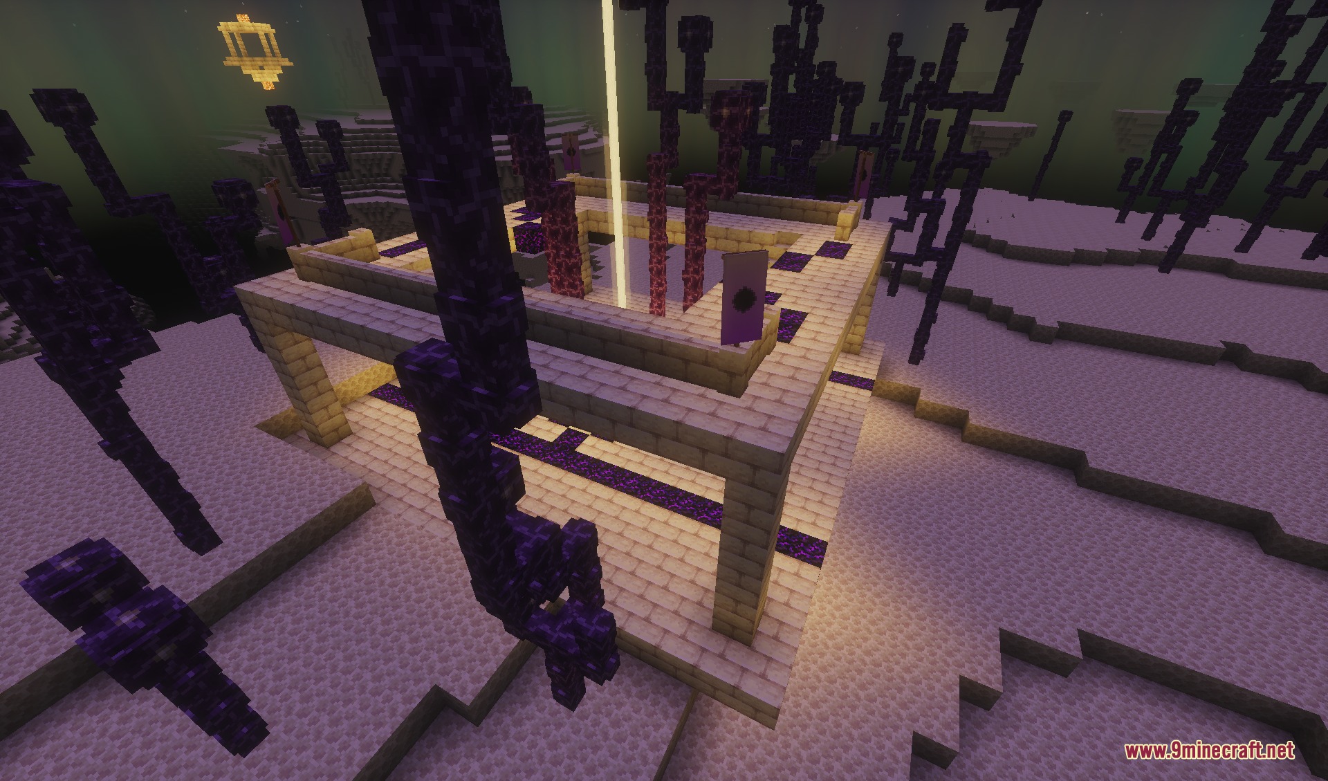 The Last Sword You Never Forgot Mod Screenshot 4 Stone platform with a beacon beam and banners in the End dimension
