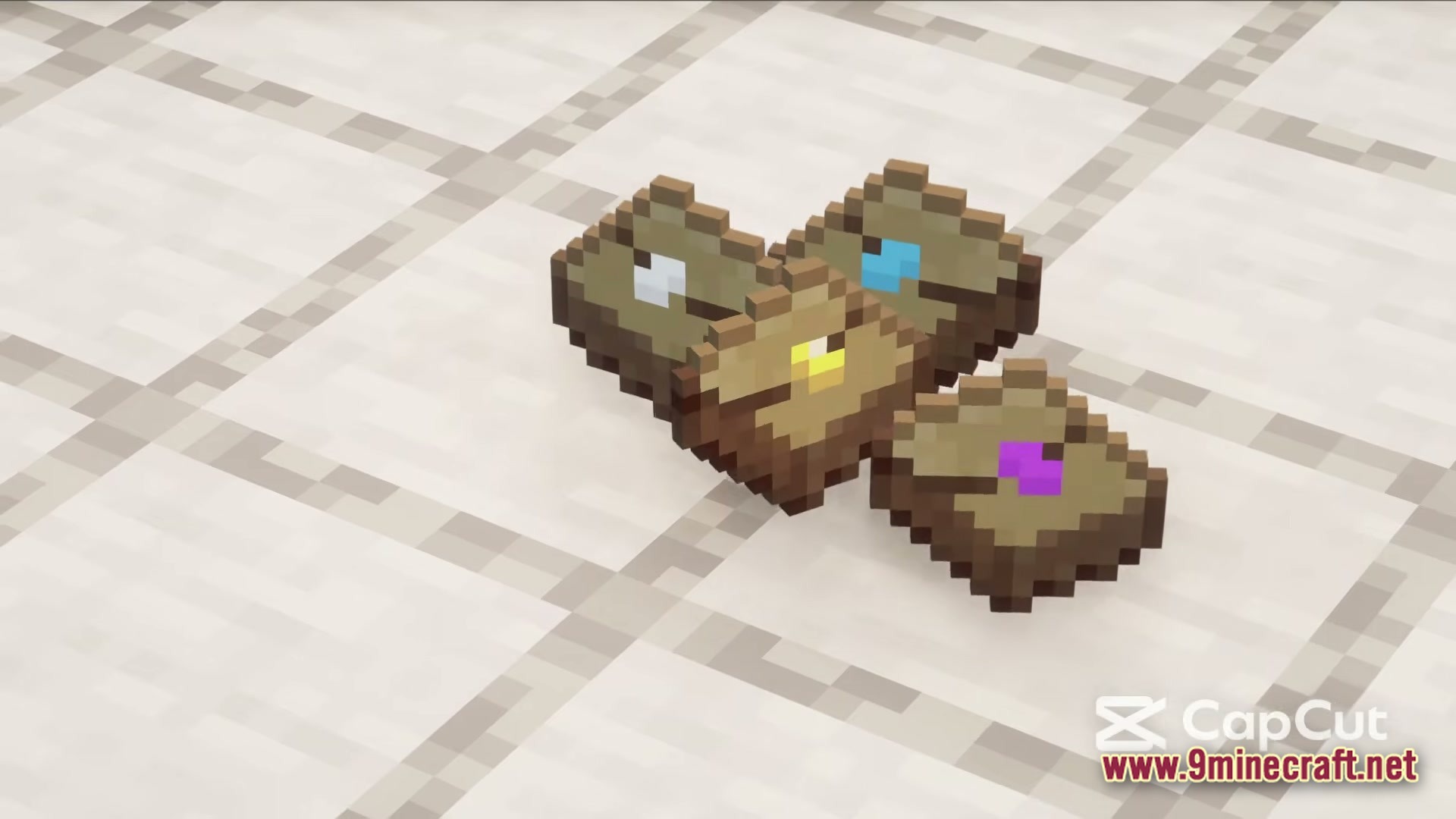 Four small wooden satchels with colored gems resting on a white tiled floor surface