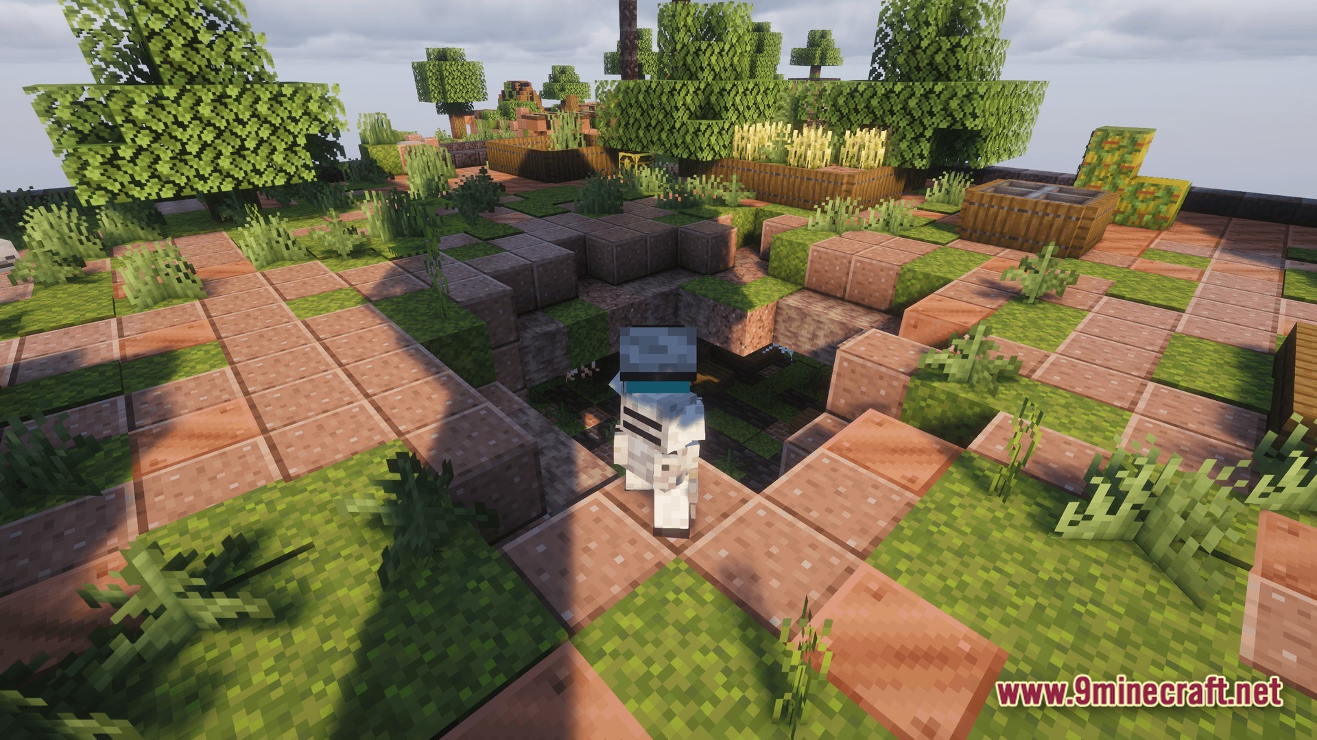 A player in white armor stands near a crater on a floating island with trees and crops