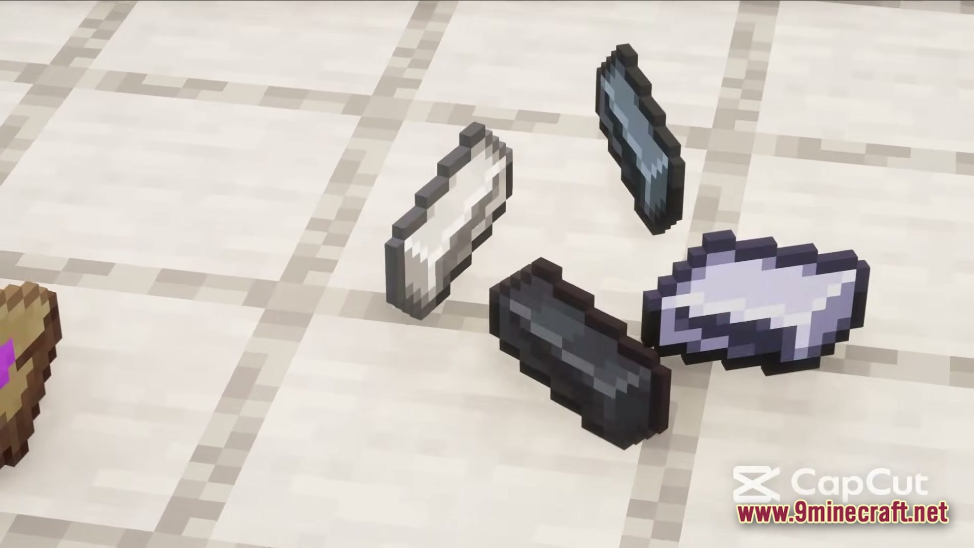 Various metal ingots and materials dropped on a white tiled floor in a Minecraft world