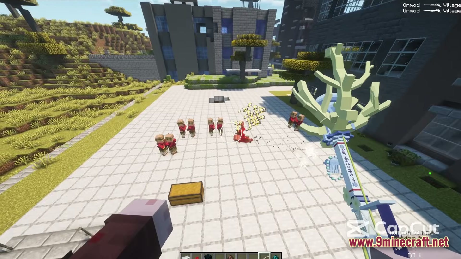 A player wields the Aurelia Sceptre against a group of hostile mobs in a modern city
