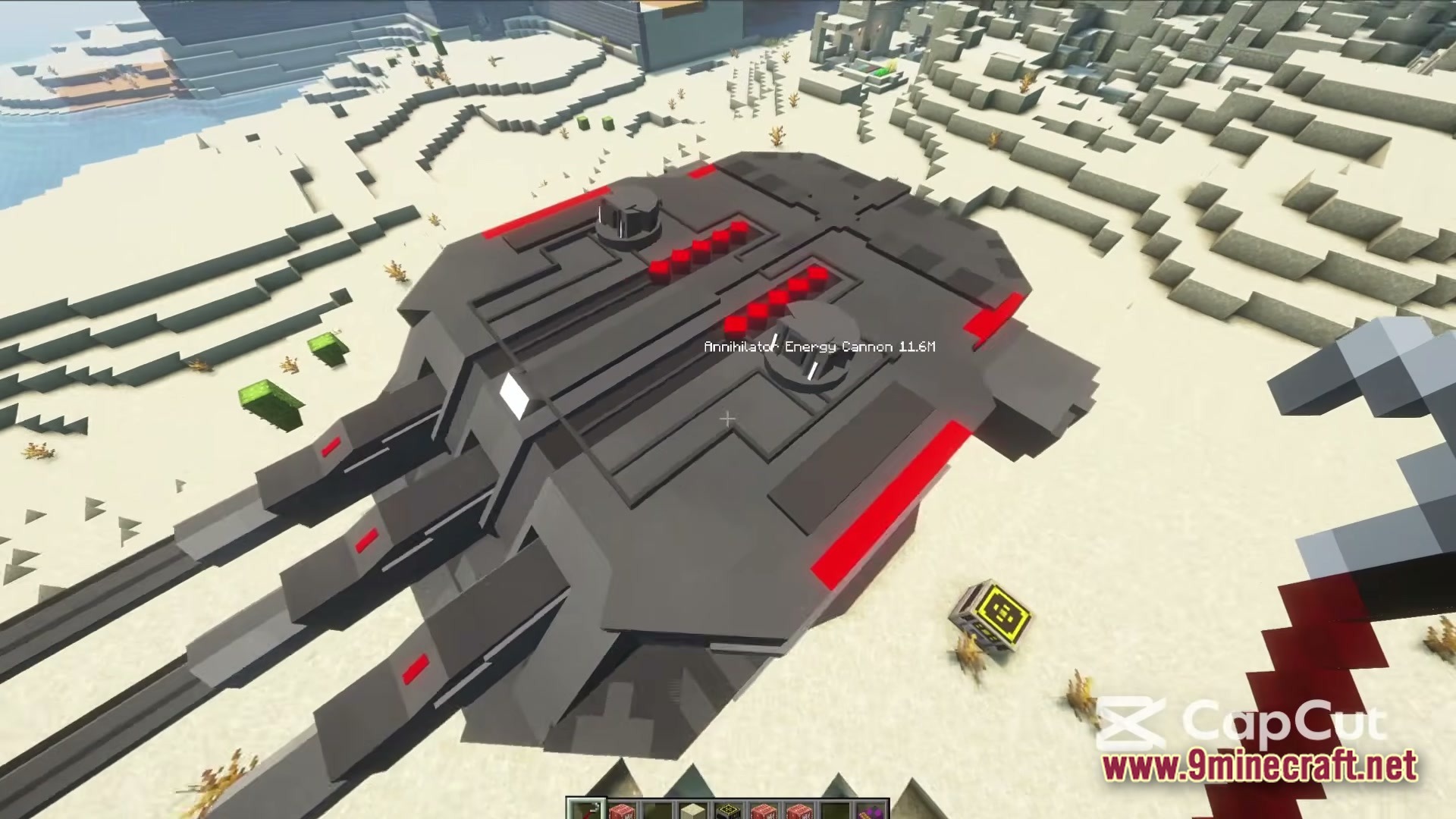 An Annihilator Energy Cannon machine placed on a desert biome within a Minecraft modded world