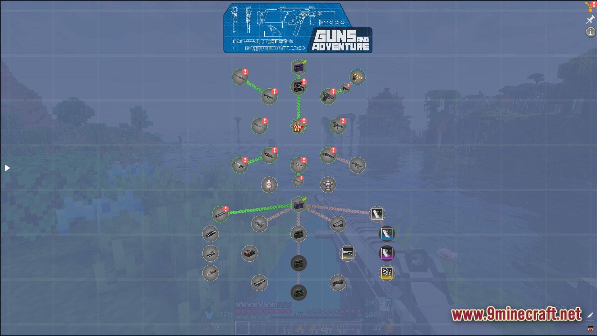 A quest menu interface displaying a branching progression tree for firearms, ammunition, and weapon attachments