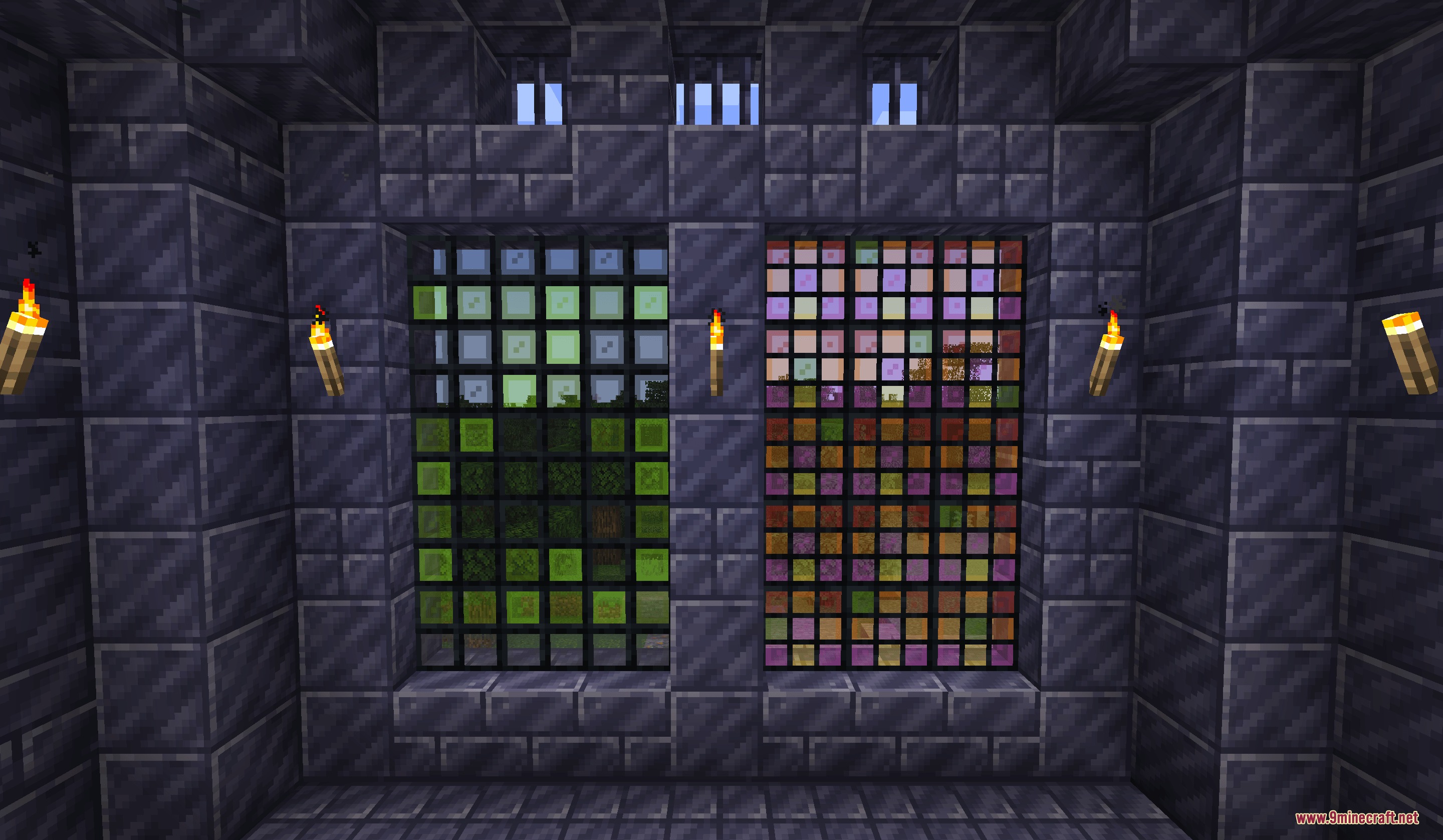 The Lead Age Mod Screenshot 1 Colorful stained glass windows installed in a dark lead block room