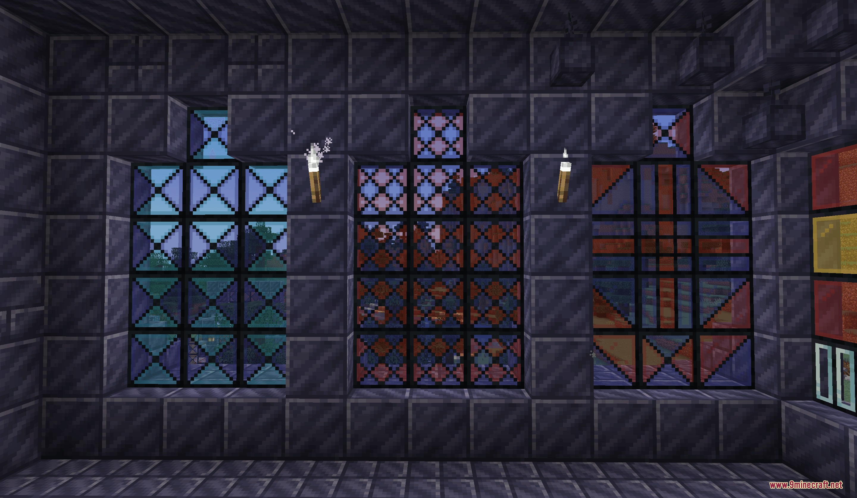 The Lead Age Mod Screenshot 4 Three large colorful leaded glass windows installed inside a dark stone room