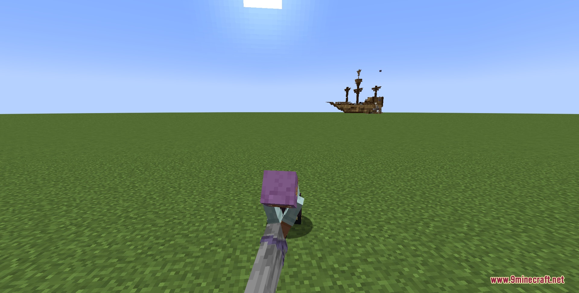 The Mango New Advent Mod Screenshot 3 A player character looks at a distant pirate ship on a flat green field