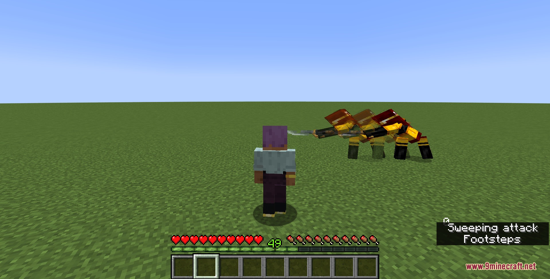 The Mango New Advent Mod Screenshot 6 A player facing three mango themed creatures on a flat grassy field