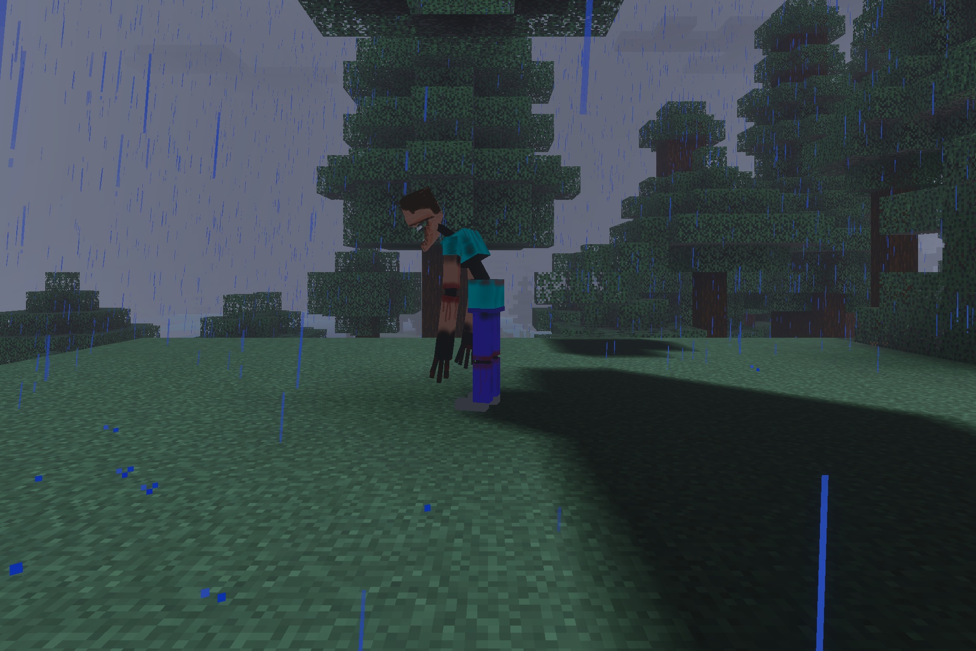 The Mimicer Patch FR Addon Screenshot 3 A distorted Steve creature with elongated limbs stands in a rainy forest