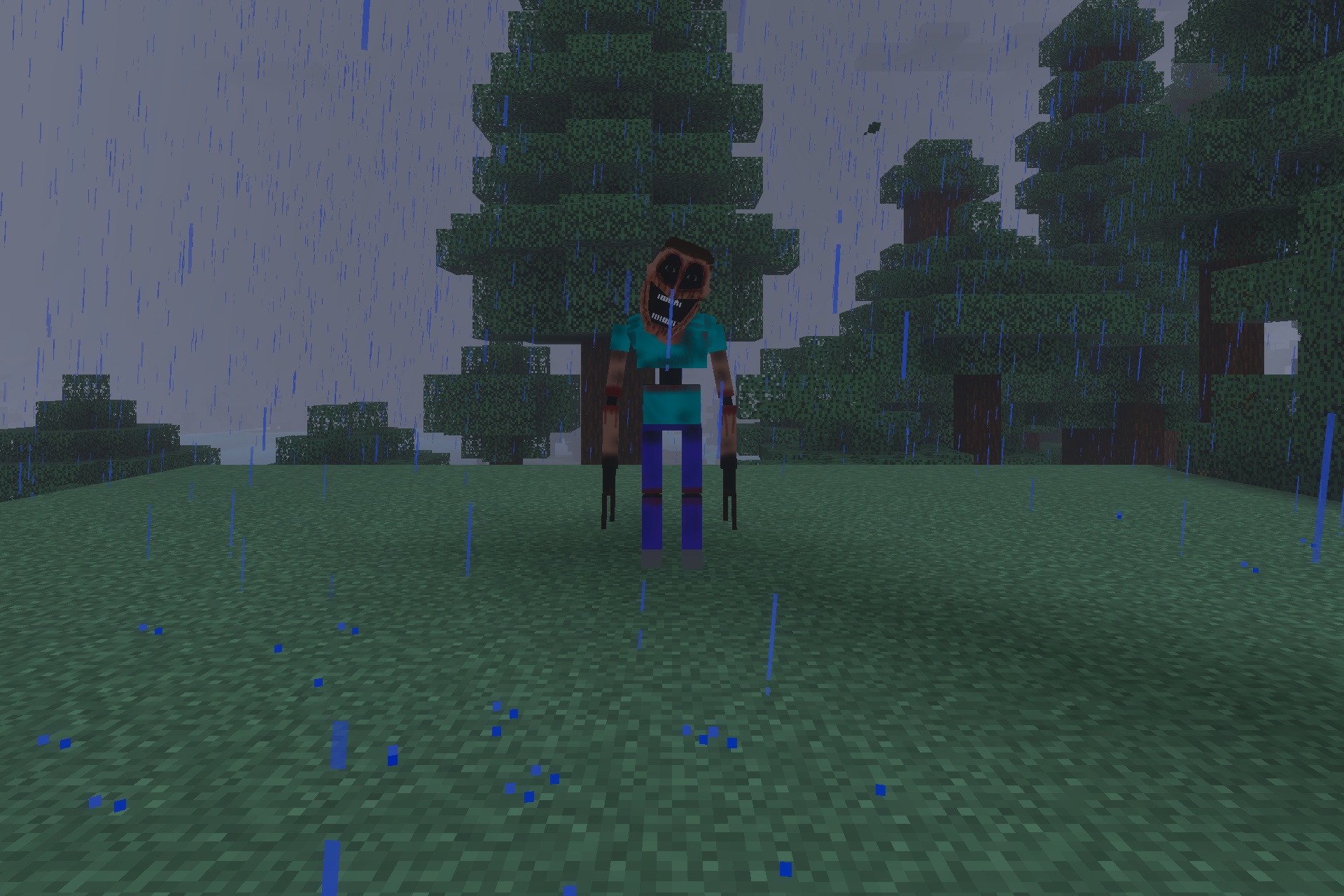 The Mimicer Patch FR Addon Screenshot 5 A creepy distorted Steve monster stalks the player in a rainy forest