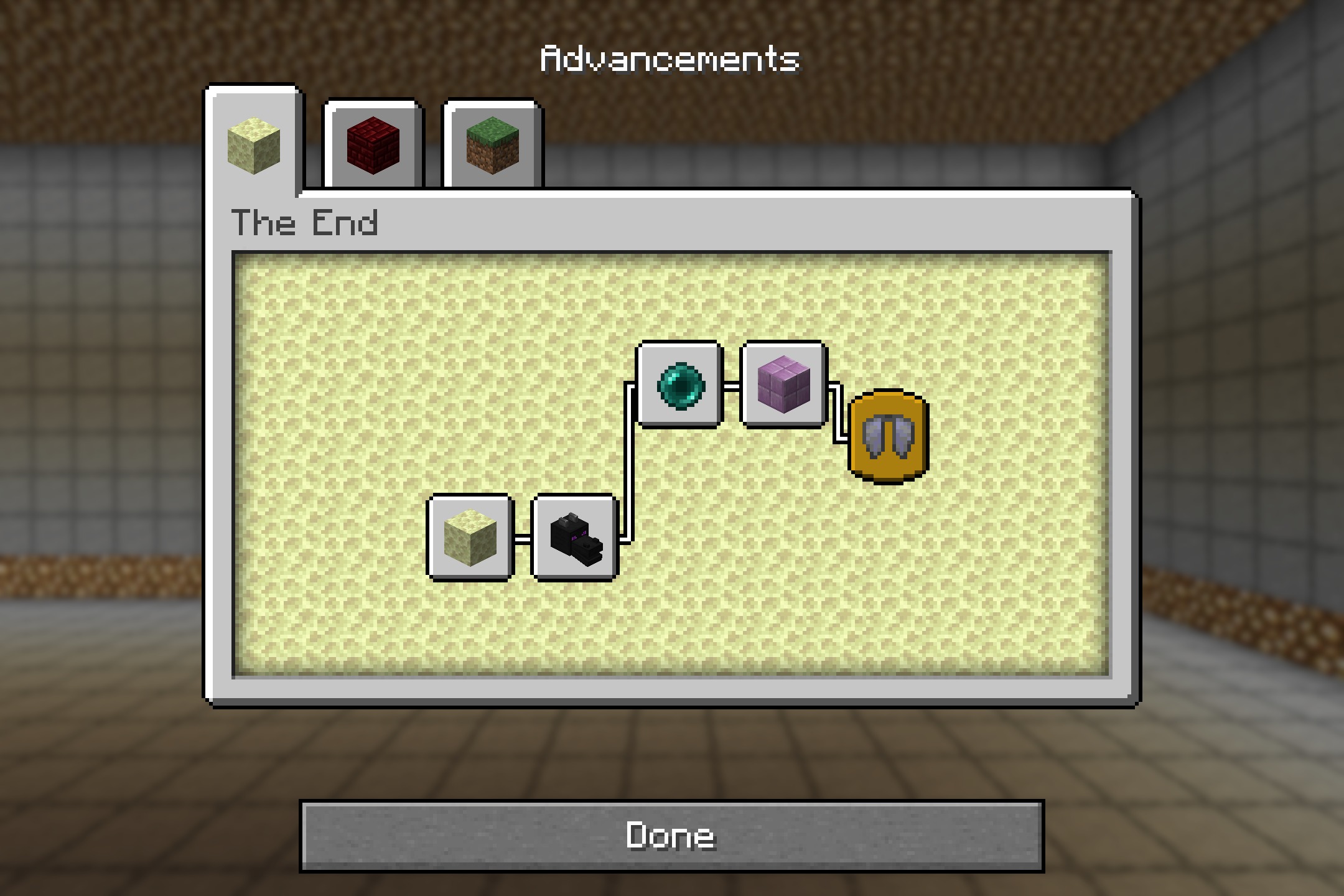 The End advancements screen featuring a minimal and small center aiming crosshair