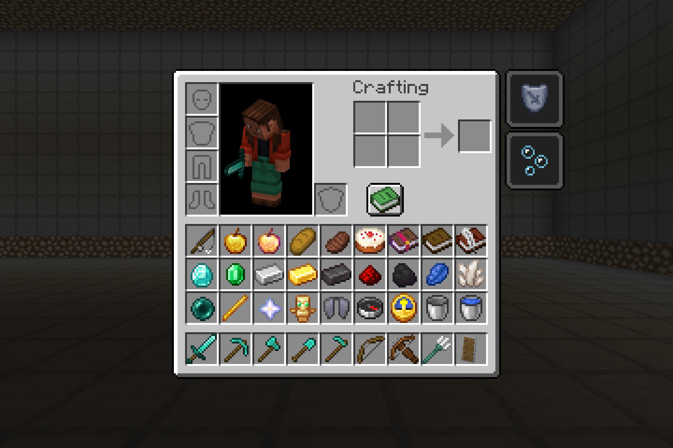Minecraft inventory screen displaying various items with a minimal center crosshair