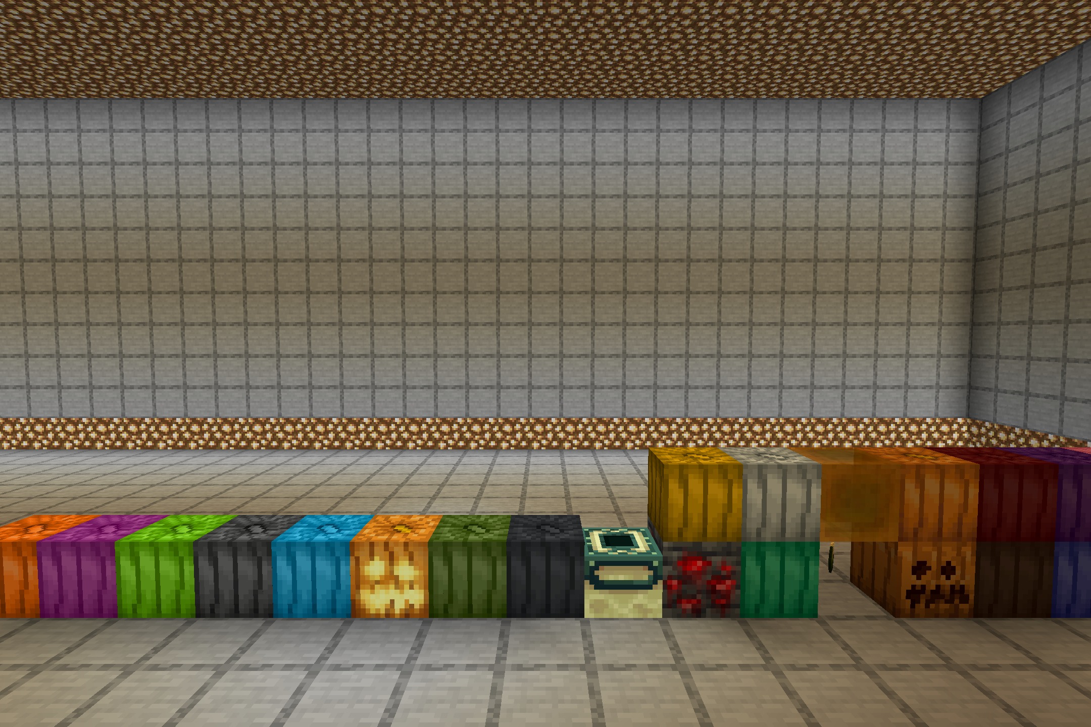 The Night of the Living Pumpkins Resource Pack Screenshot 1 A row of custom pumpkin blocks displayed inside a large stone room