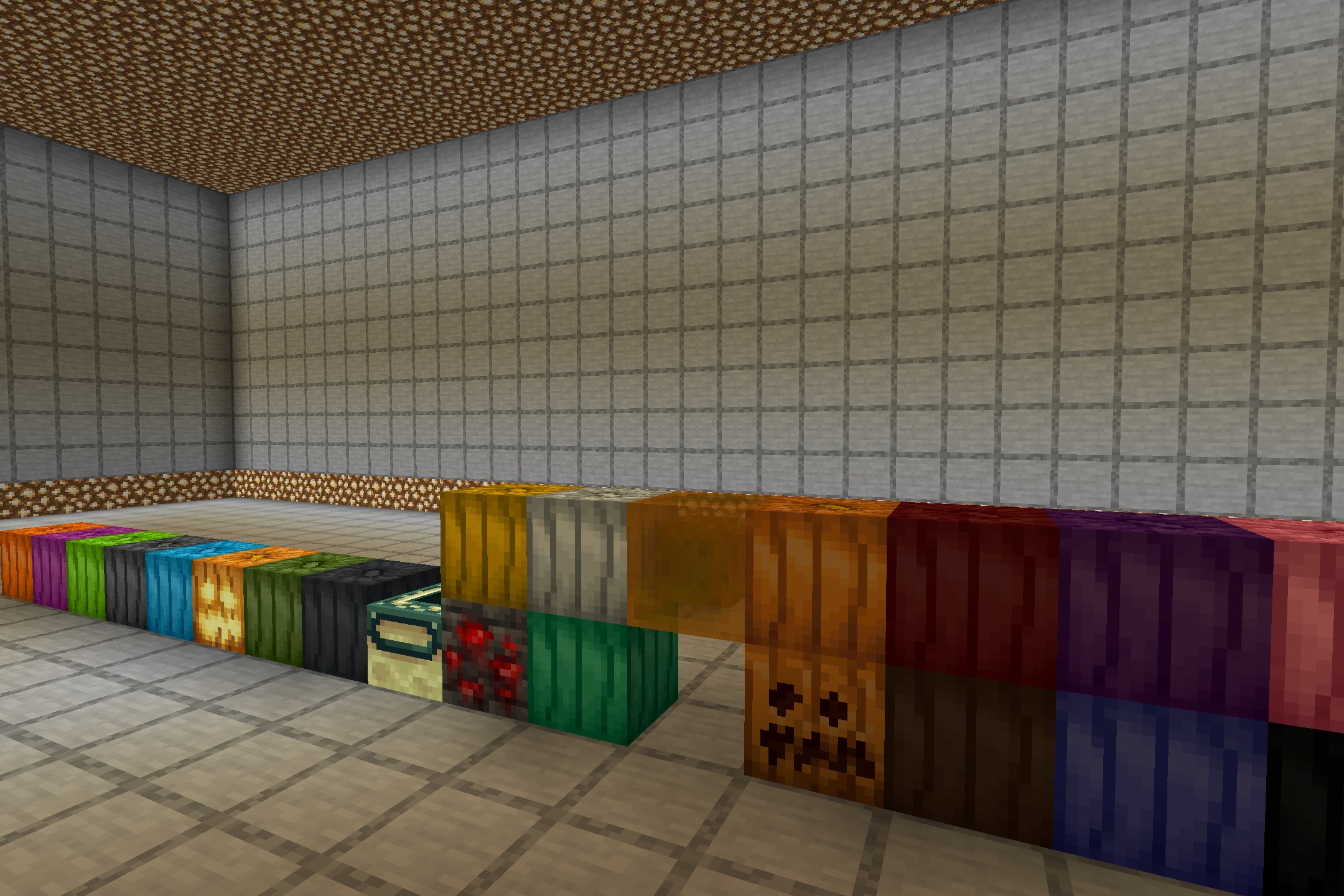 The Night of the Living Pumpkins Resource Pack Screenshot 2 Various pumpkin themed blocks arranged in a line within a stone chamber