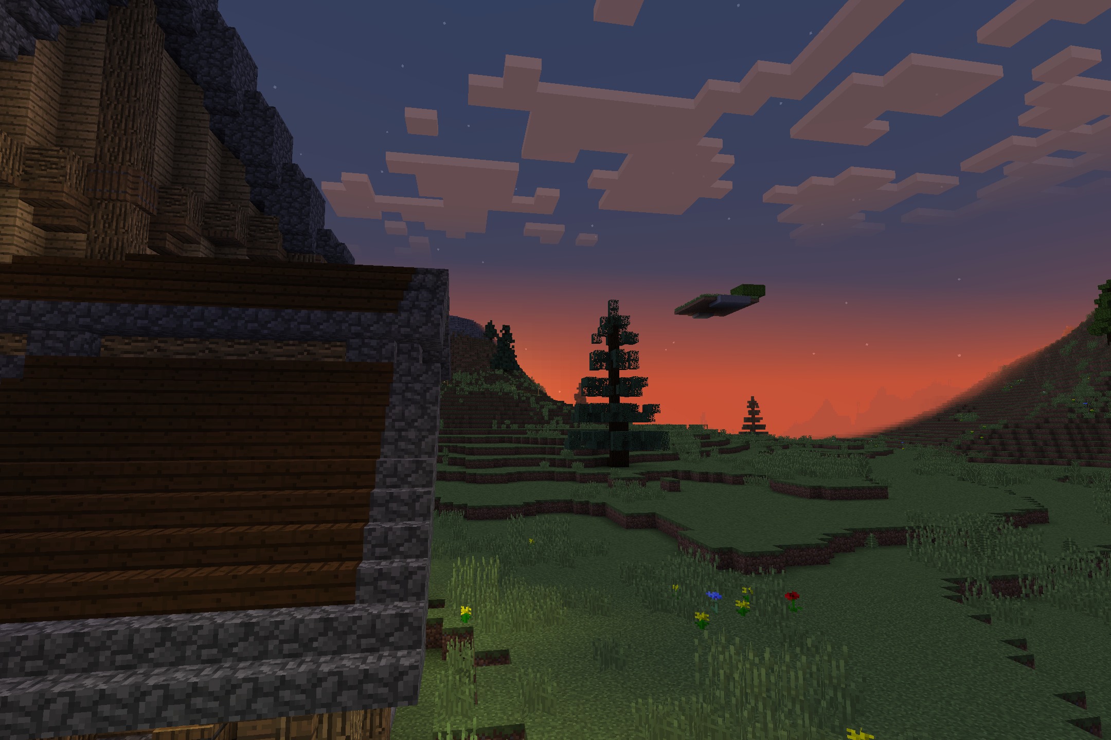 The Original Work Resource Pack Screenshot 10 Spruce trees in a grassy field under a sunset sky with retro textures