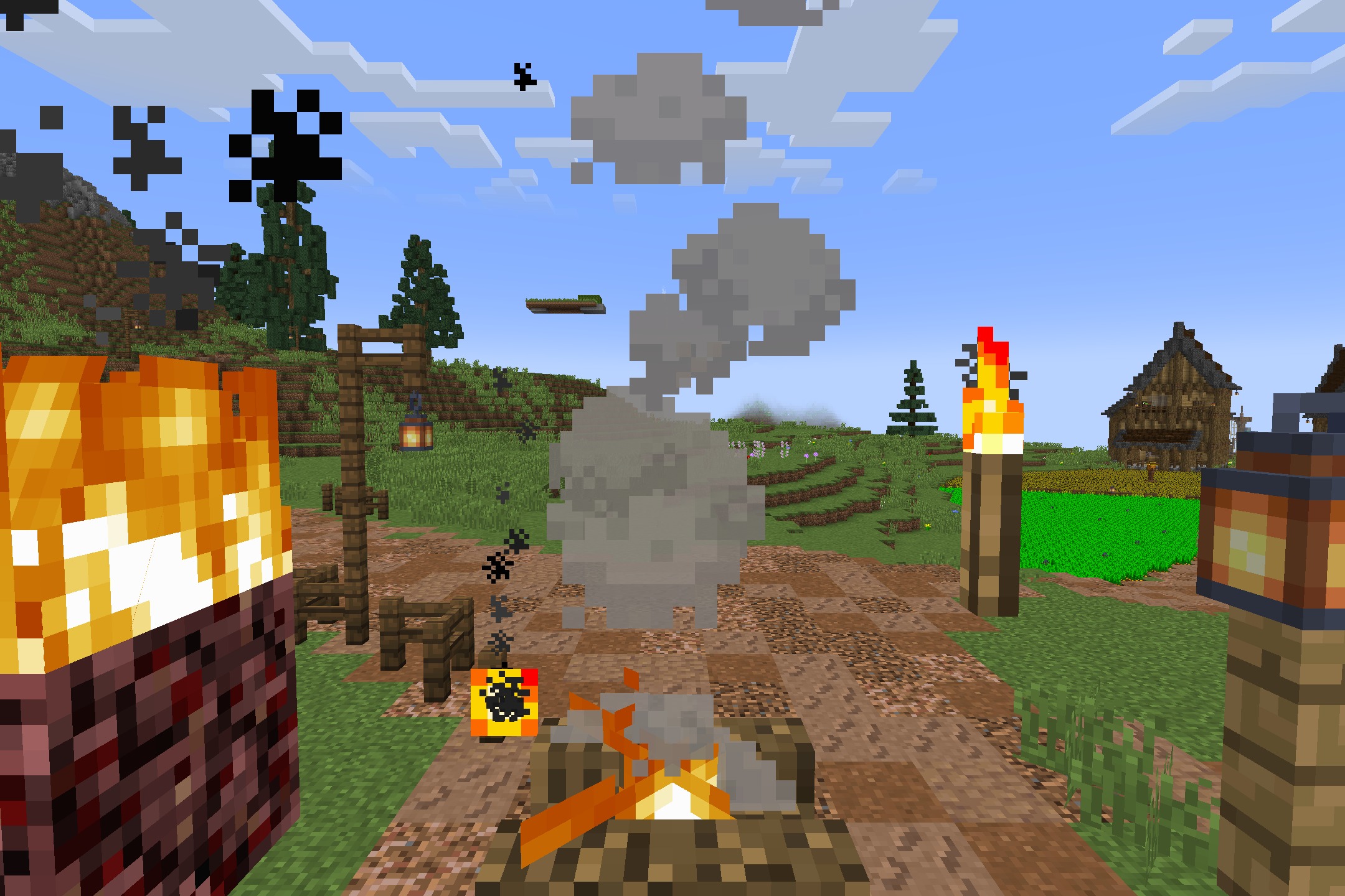 The Original Work Resource Pack Screenshot 4 A campfire with smoke rising next to a torch and a wooden house