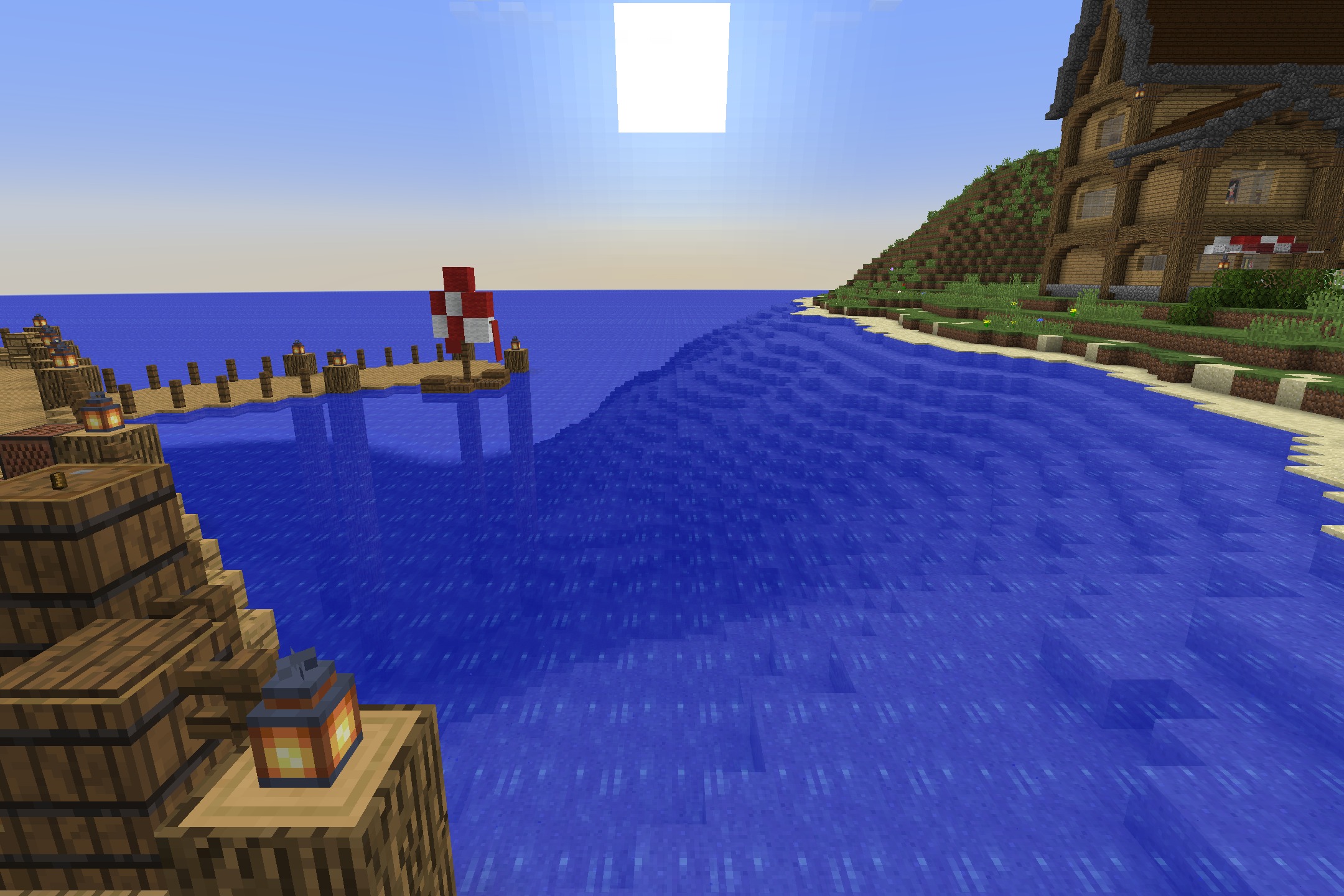The Original Work Resource Pack Screenshot 8 A small boat with a red and white sail near a wooden pier