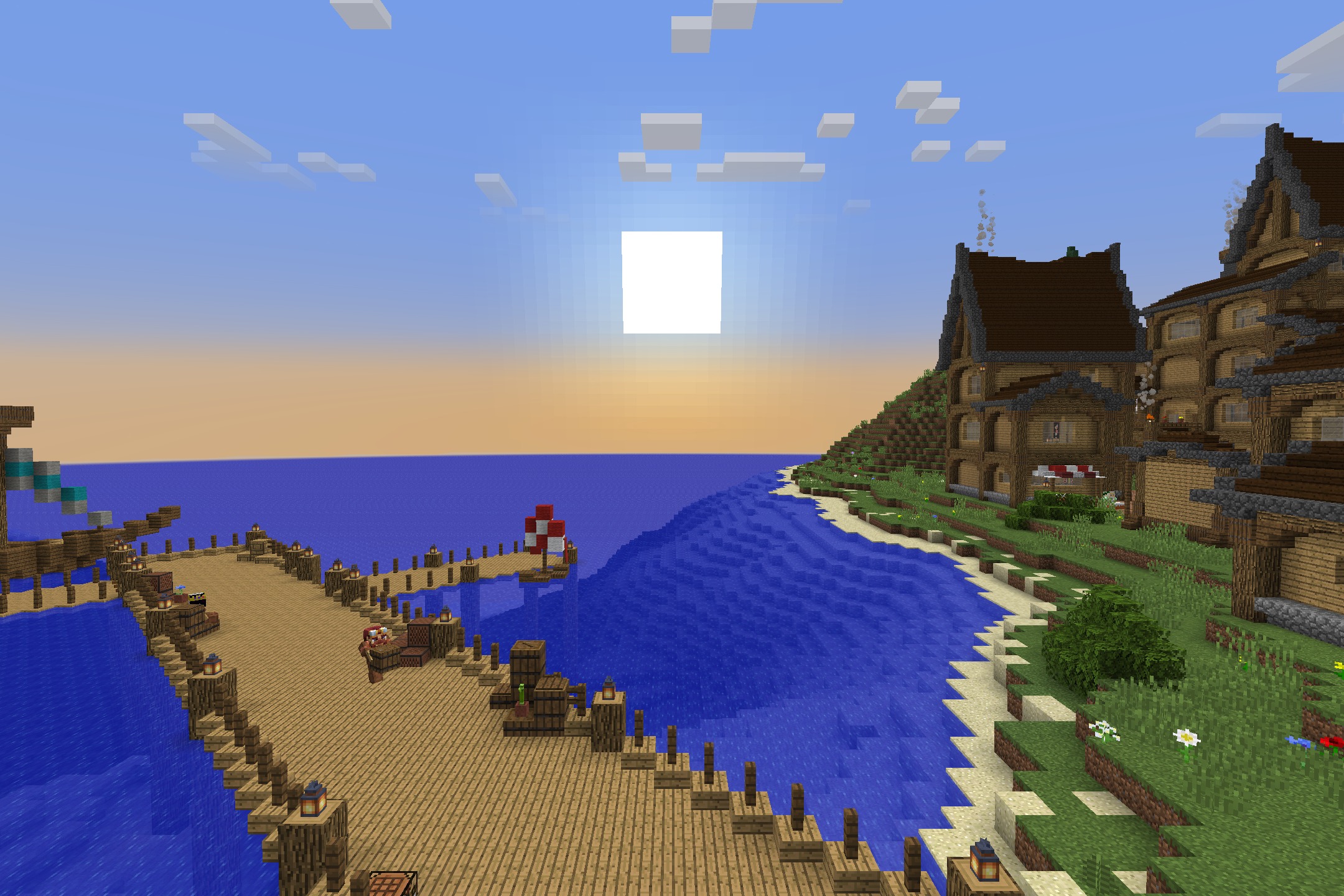 The Original Work Resource Pack Screenshot 9 Coastal village and wooden pier featuring the Original Work Resource Pack textures