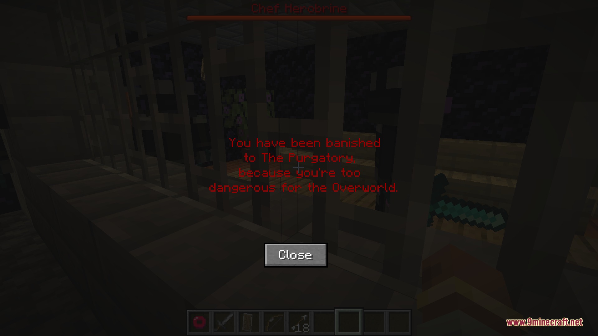 The Purgatory Mod Screenshot 6 Red text message stating the player is banished to The Purgatory