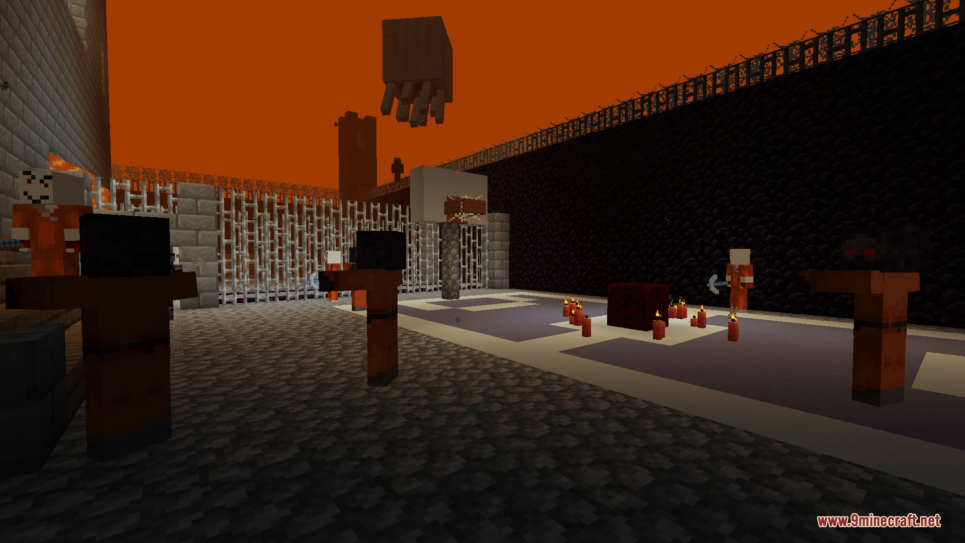 The Purgatory Mod Screenshot 8 Prisoner zombies in orange jumpsuits stand in a prison courtyard