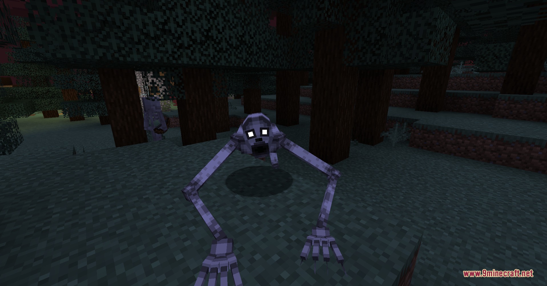 The Rake the Nightmare of the Forest Mod Screenshot 1 A creepy pale monster with glowing eyes crawls on the forest floor