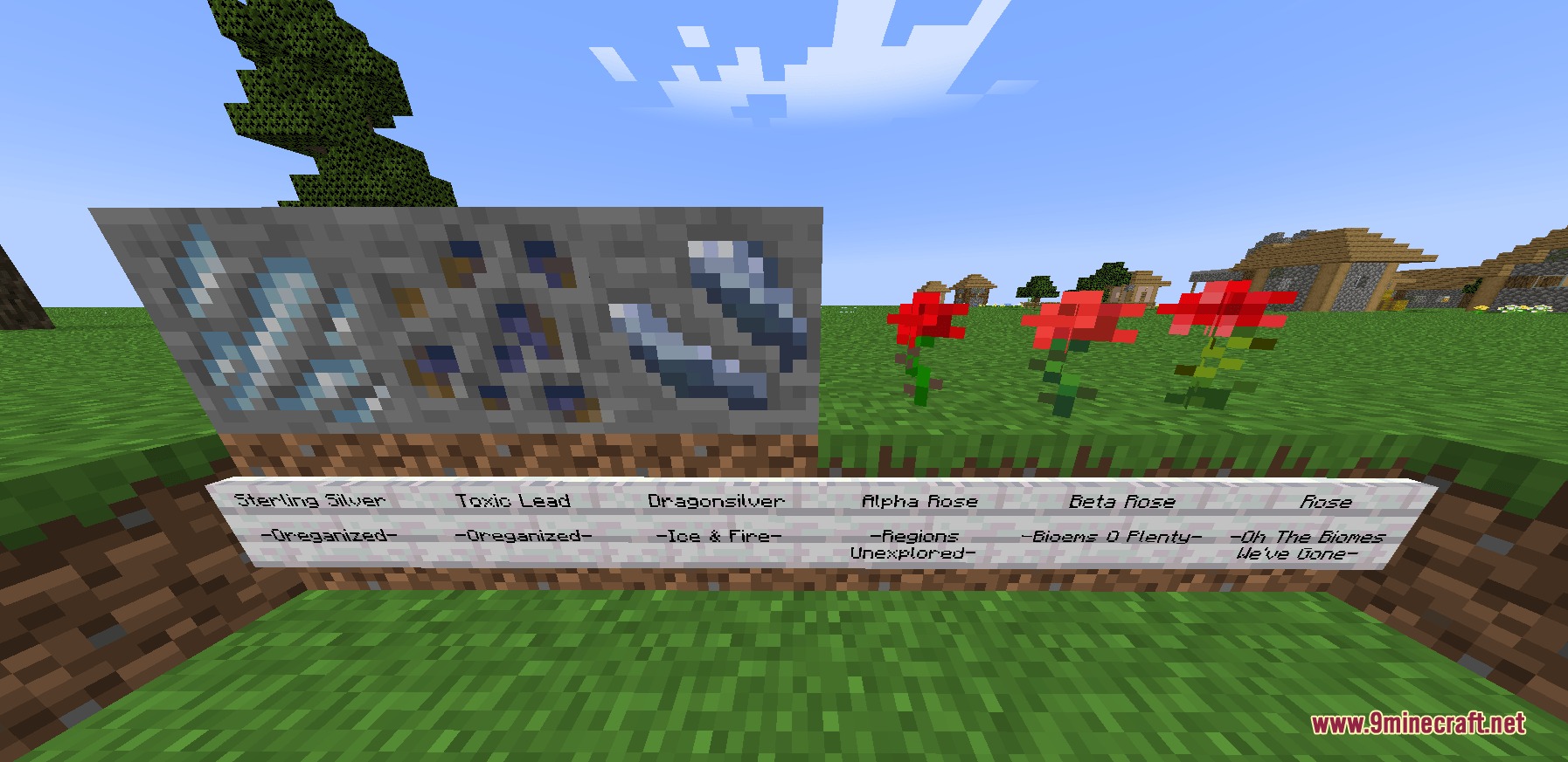 The Rename Compat Project Over 300 Mods Supported Resource Pack Screenshot 1 Minecraft ores and flowers with signs showing unique names from different mods